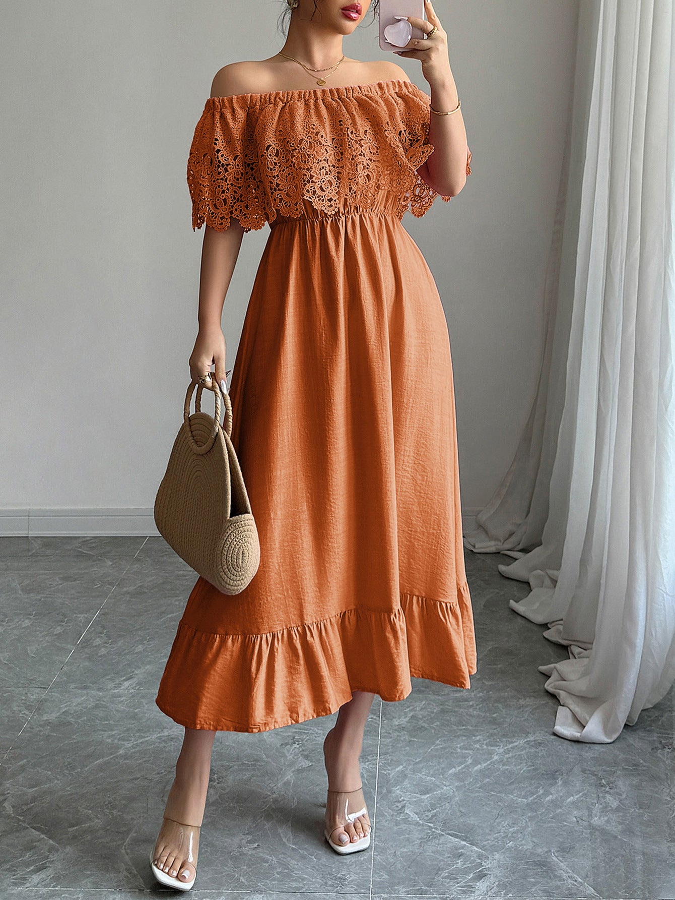 Burnt Orange Off the Shoulder A-Line Appliques Wedding Guest Dress, Burnt_Orange / M Burnt Orange Off the Shoulder A-Line Appliques Wedding Guest Dress, Burnt_Orange / M