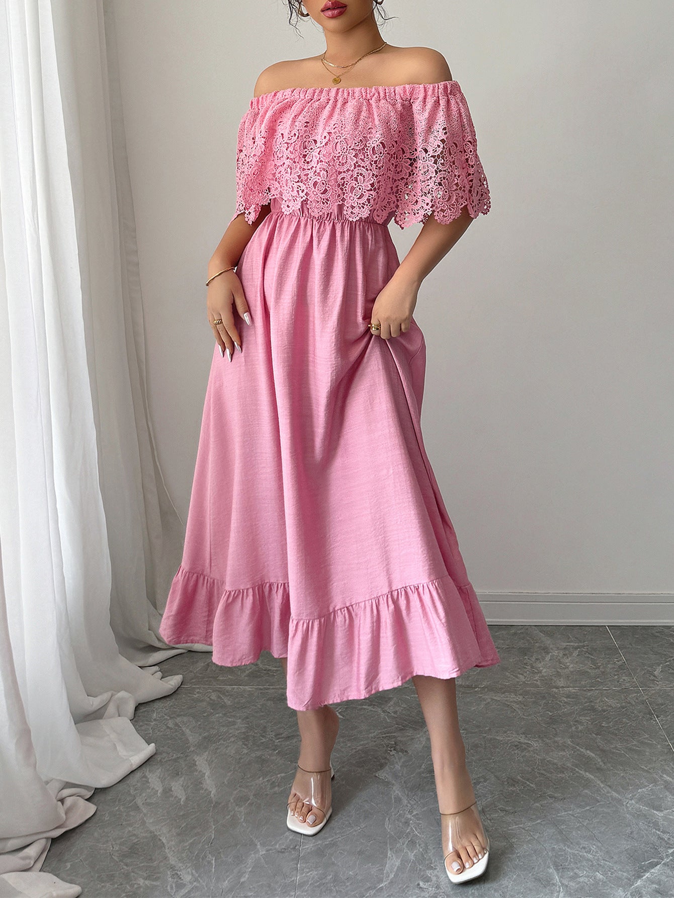 women's light pink off the shoulder dress for a concert Pink off Shoulder Dress