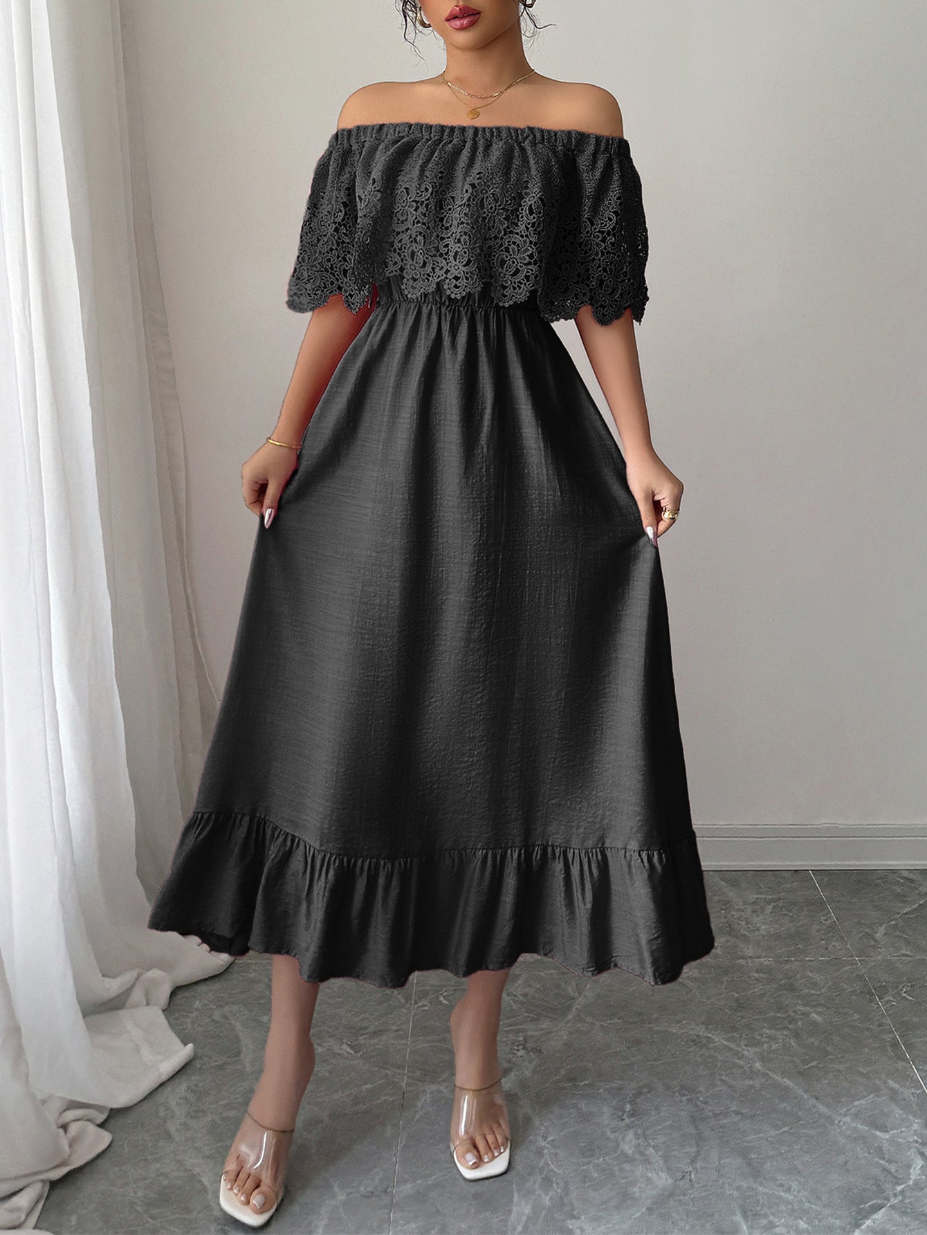 Black Off the Shoulder A-Line Appliques Wedding Guest Dress, Black / M Black Off the Shoulder A-Line Appliques Wedding Guest Dress, Black / M