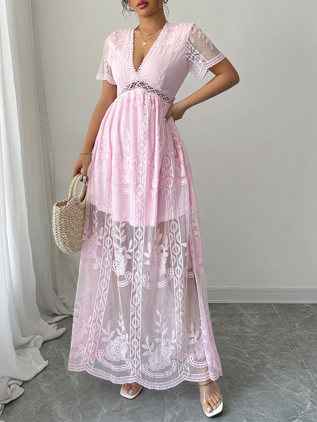 Appliques A-Line Candy Pink V-Neck Sleeves Wedding Guest Dress, Candy_Pink / S Appliques A-Line Candy Pink V-Neck Sleeves Wedding Guest Dress, Candy_Pink / S