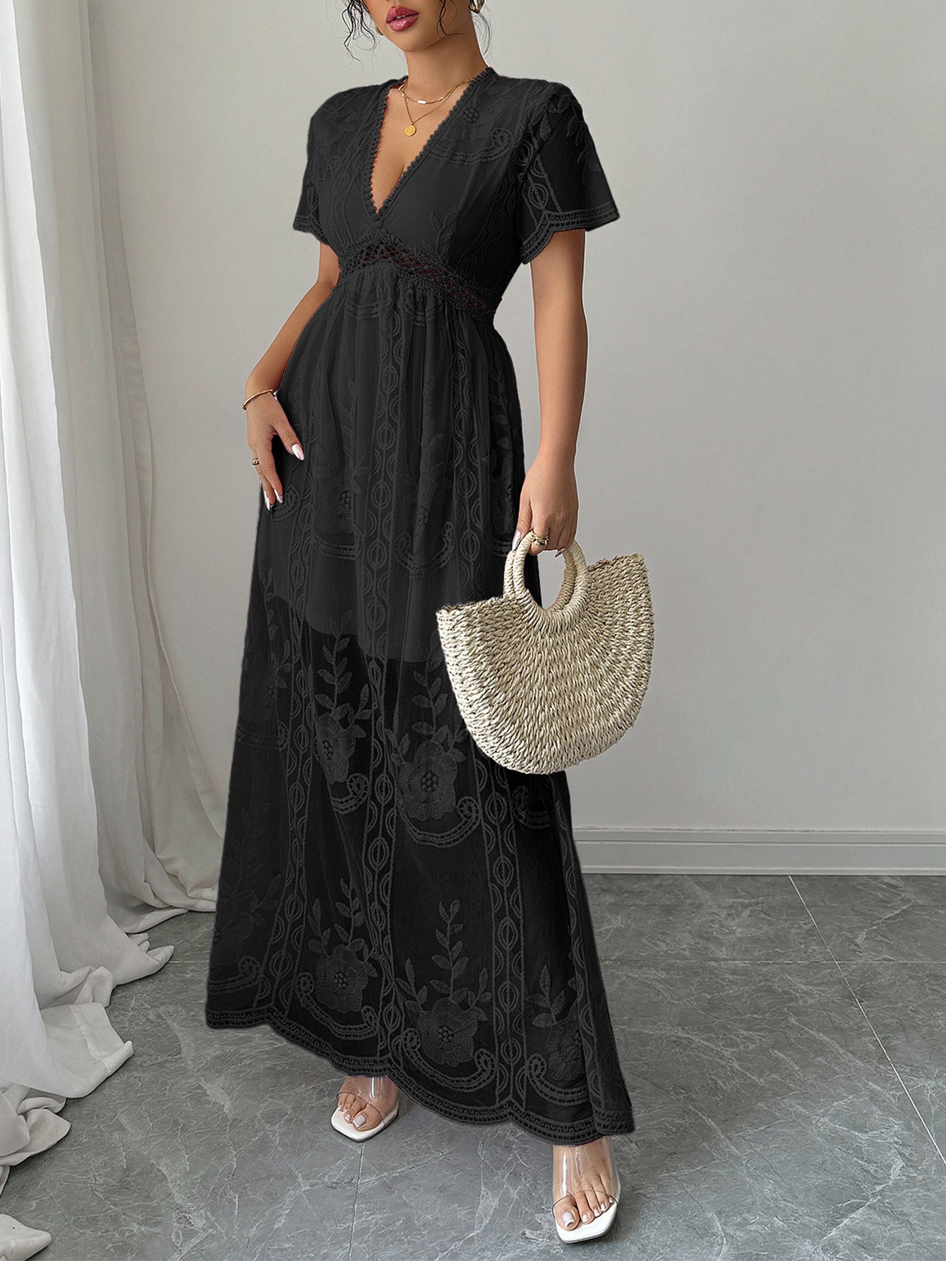 Appliques A-Line Black V-Neck Sleeves Wedding Guest Dress Appliques A-Line Black V-Neck Sleeves Wedding Guest Dress