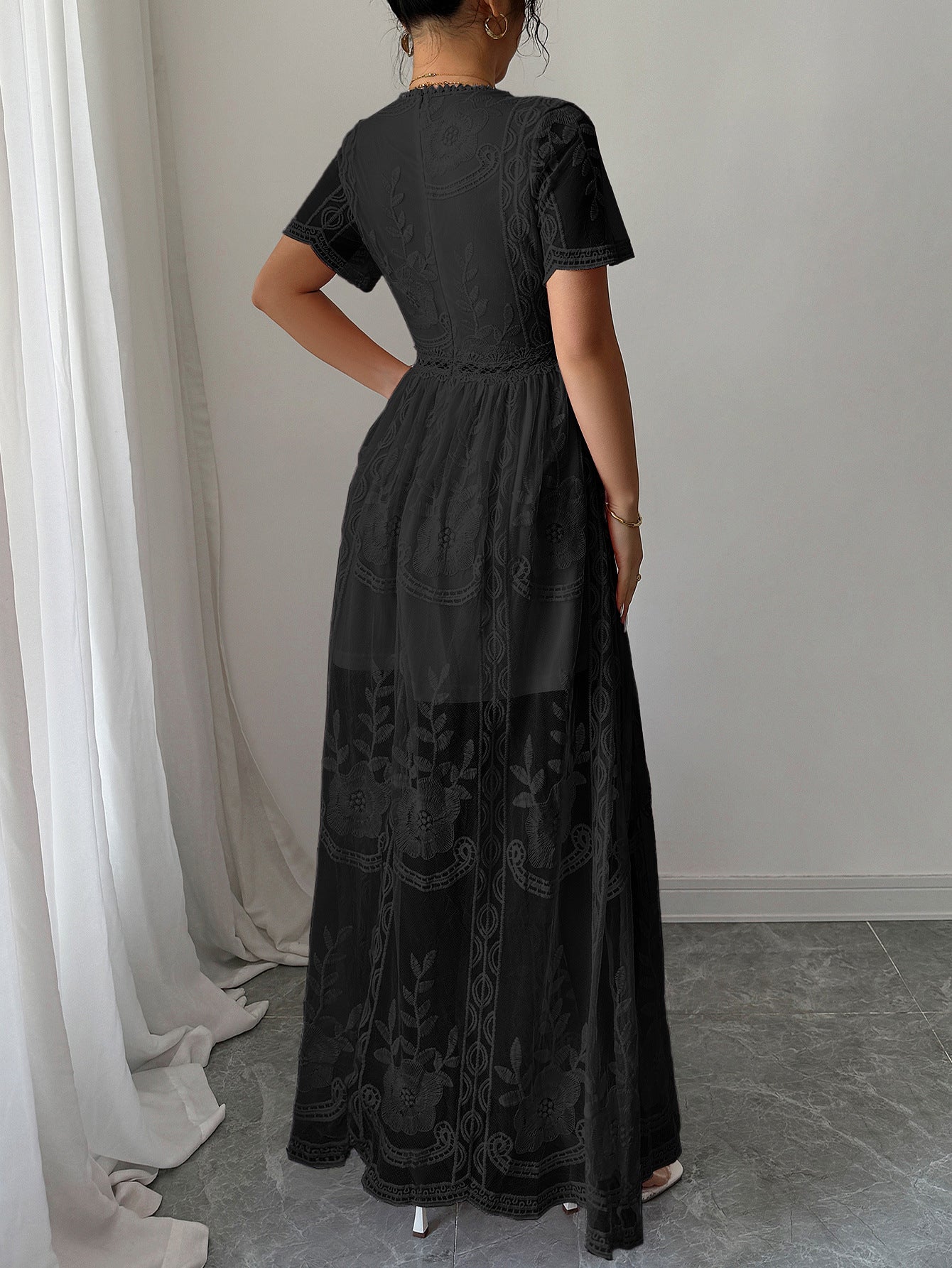 Appliques A-Line Black V-Neck Sleeves Wedding Guest Dress