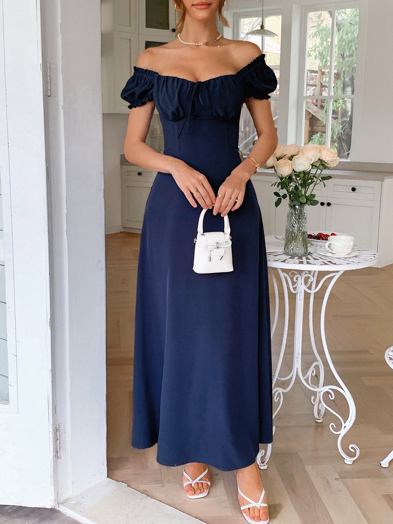 A-Line Off The Shoulder Navy Blue Empire Waist Wedding Guest Dress A-Line Off The Shoulder Navy Blue Empire Waist Wedding Guest Dress
