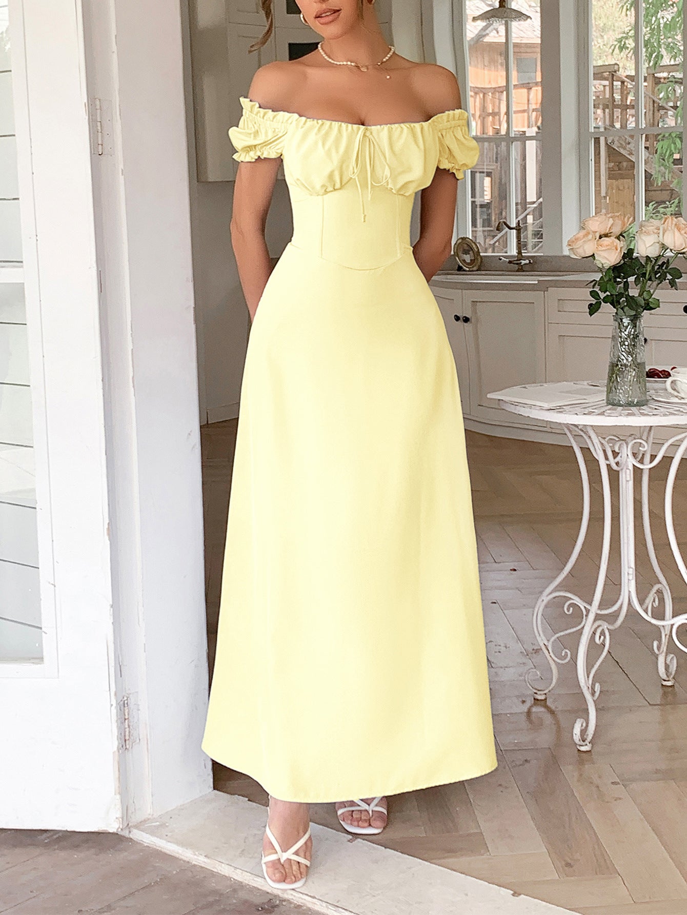 A-Line Off The Shoulder Daffodil Empire Waist Wedding Guest Dress