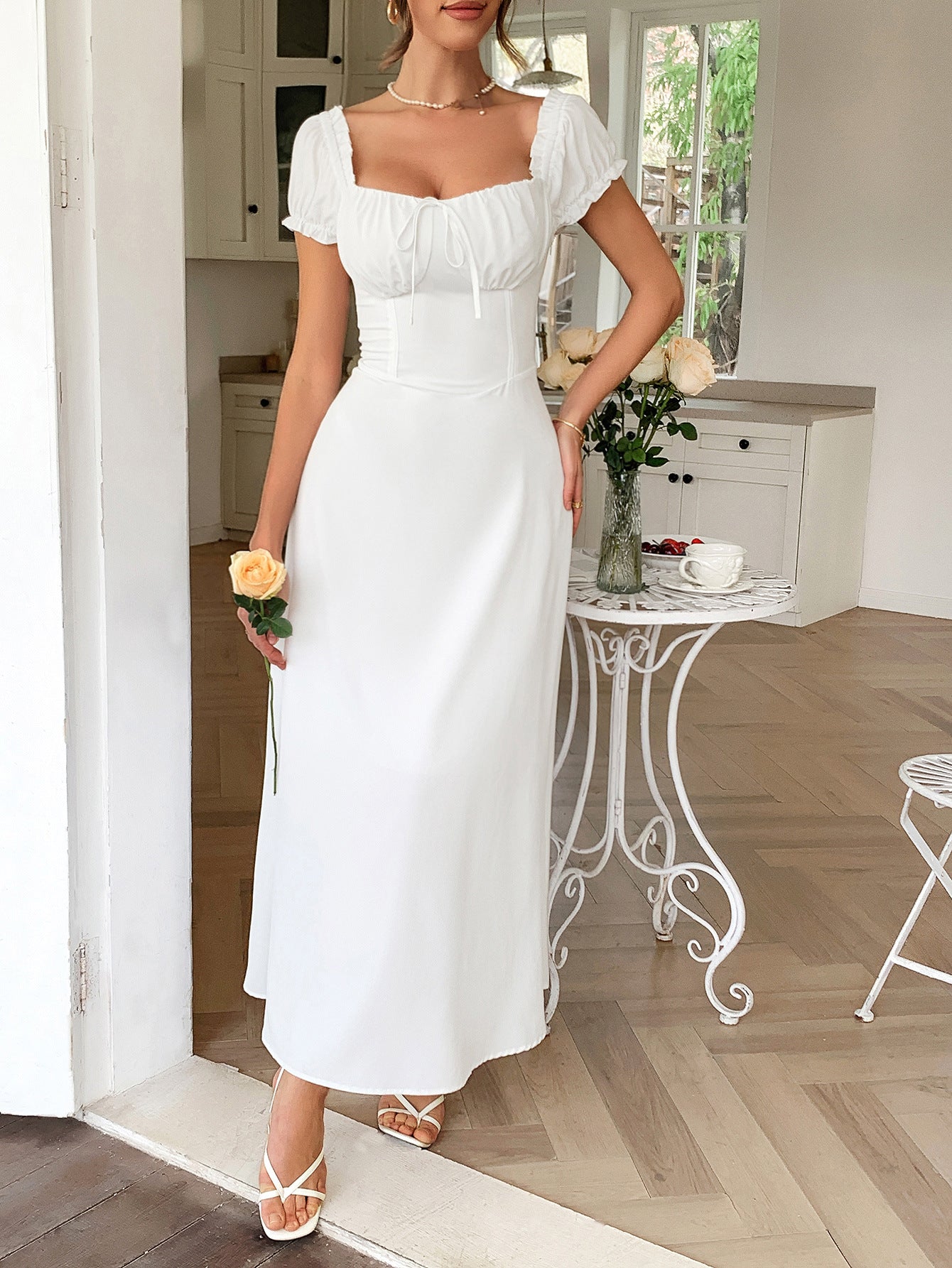 A-Line Off The Shoulder White Empire Waist Wedding Guest Dress