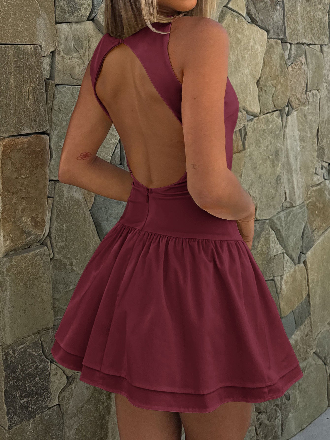 Jewel Sleeveless Cabernet Open Back Wedding Guest Dress
