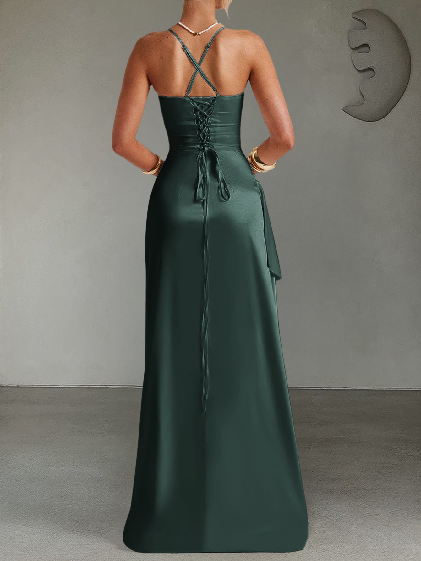 Spaghetti Straps Sheath/Column Dark Green Sleeveless Wedding Guest Dress with Split