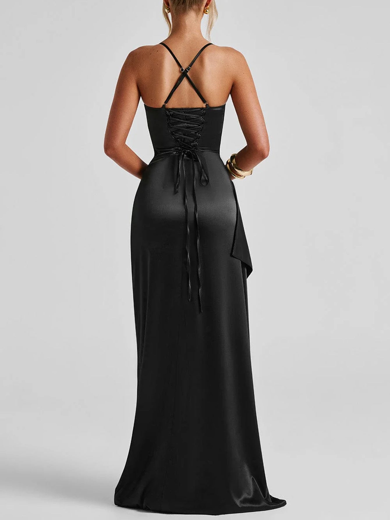 Spaghetti Straps Sheath/Column Black Sleeveless Wedding Guest Dress with Split