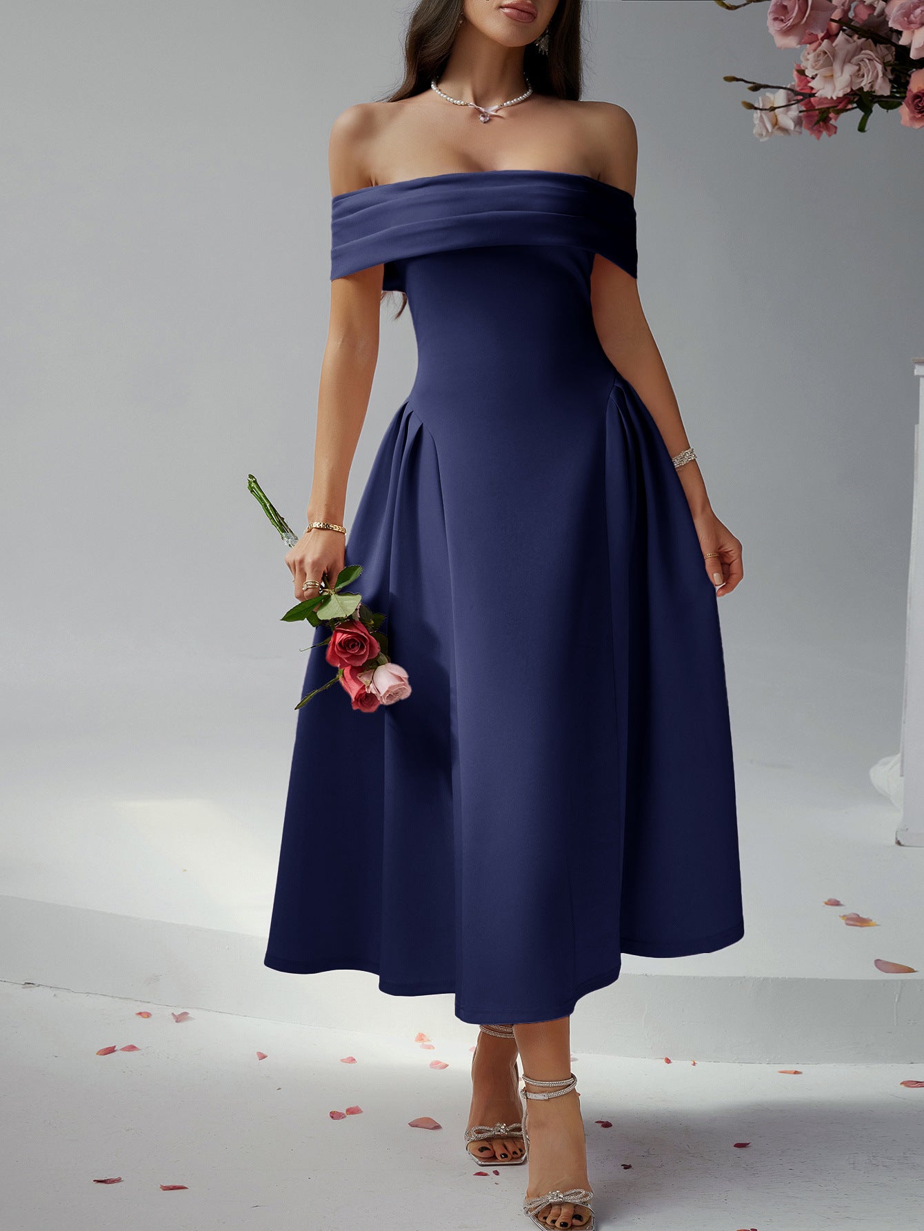 Strapless Dark Navy Ankle Length Wedding Guest Dress Strapless Dark Navy Ankle Length Wedding Guest Dress
