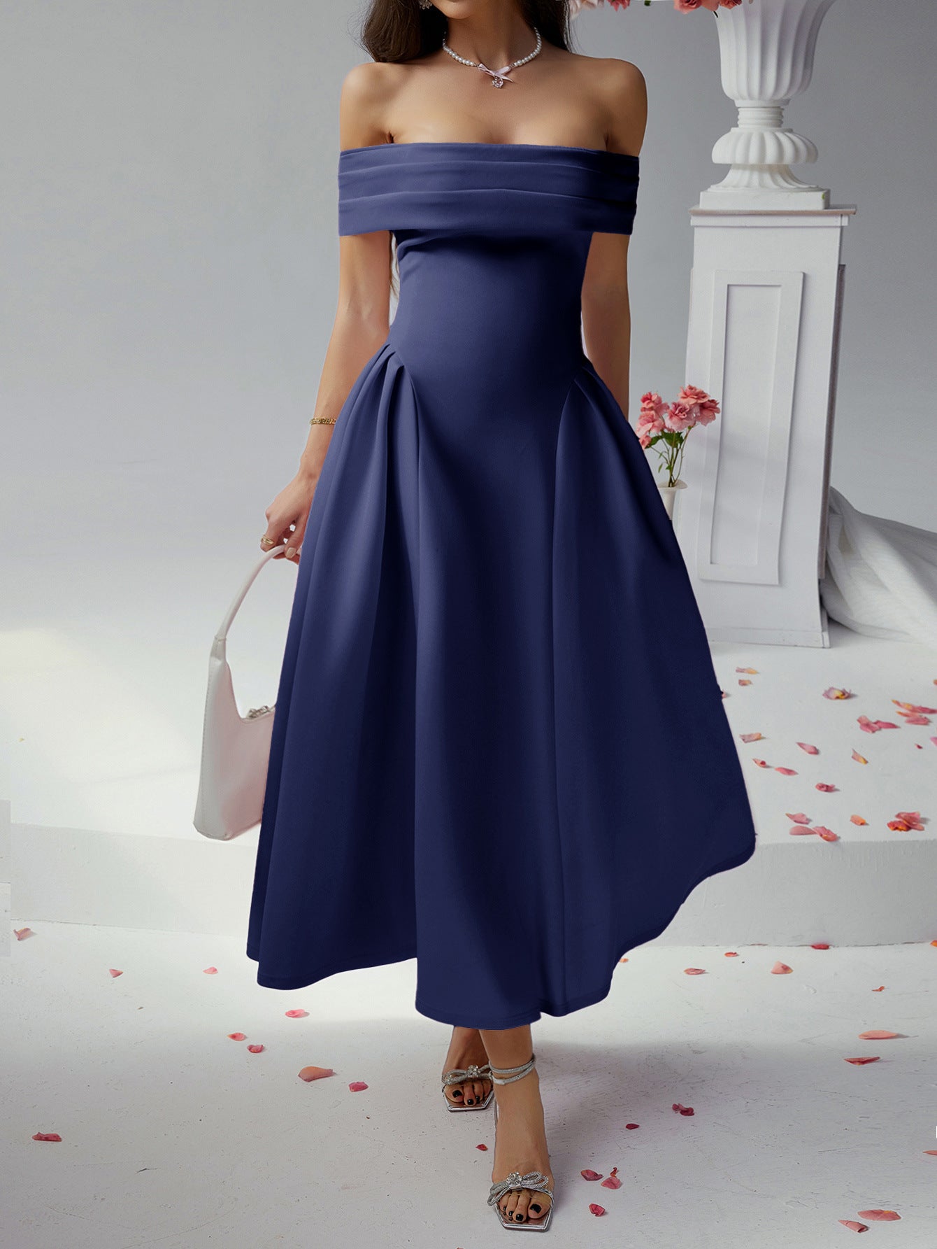 Strapless Dark Navy Ankle Length Wedding Guest Dress