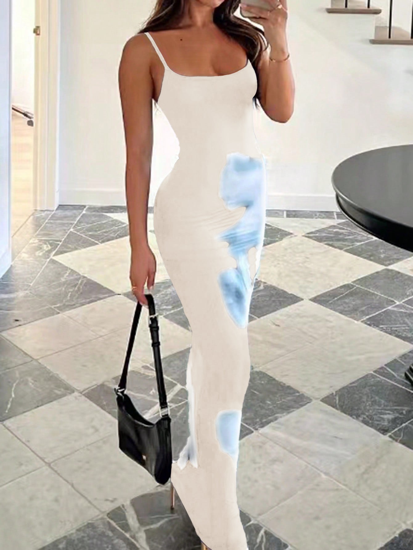 Elegant Spaghetti Straps Printed Maxi Dress Apricot Wedding Guest Dress