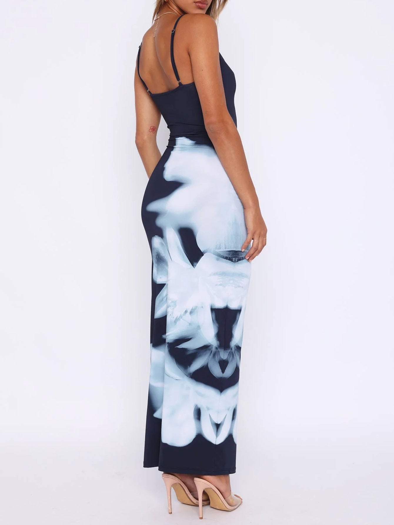Elegant Spaghetti Straps Printed Maxi Dress Dark Navy Wedding Guest Dress