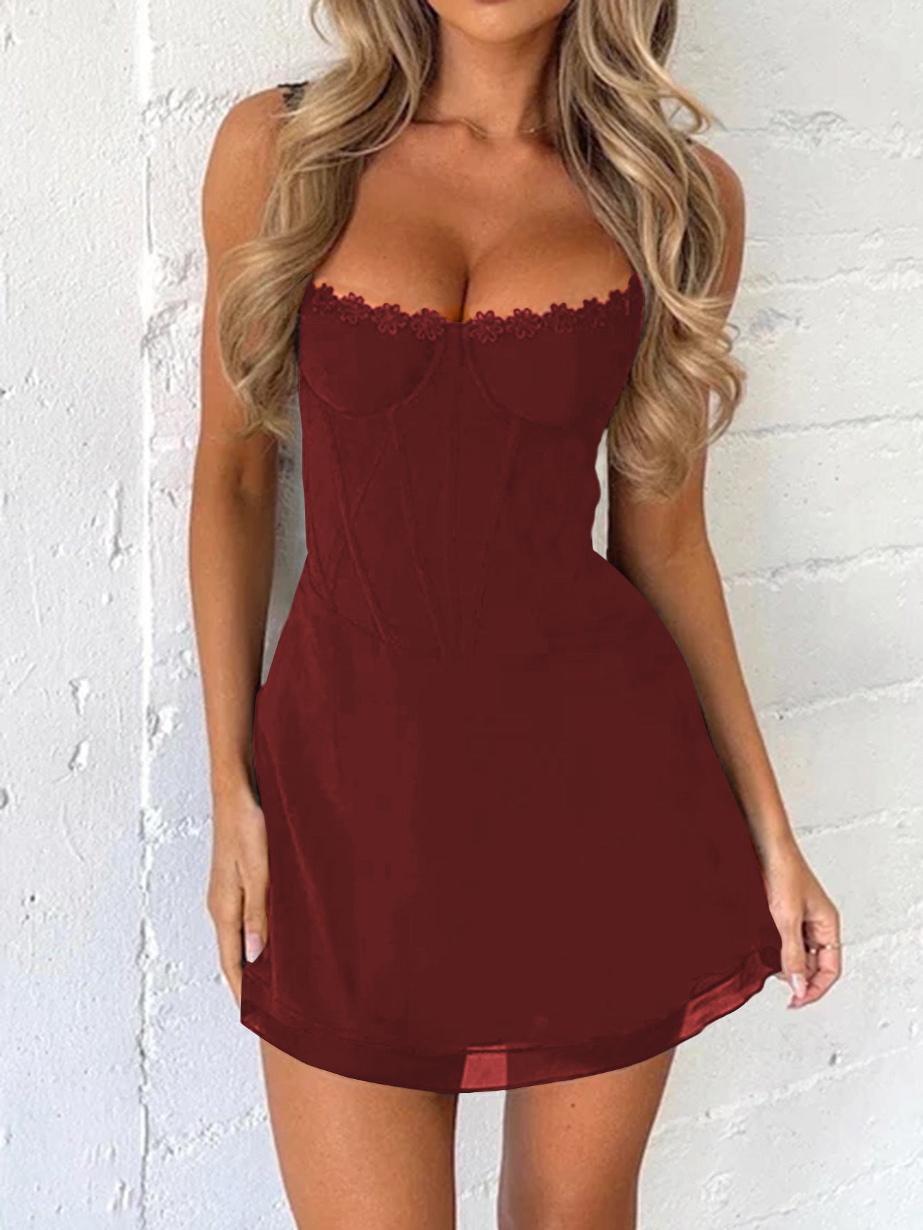 Lace Spaghetti Straps Burgundy Sheath Wedding Guest Dress, Burgundy / S Lace Spaghetti Straps Burgundy Sheath Wedding Guest Dress, Burgundy / S
