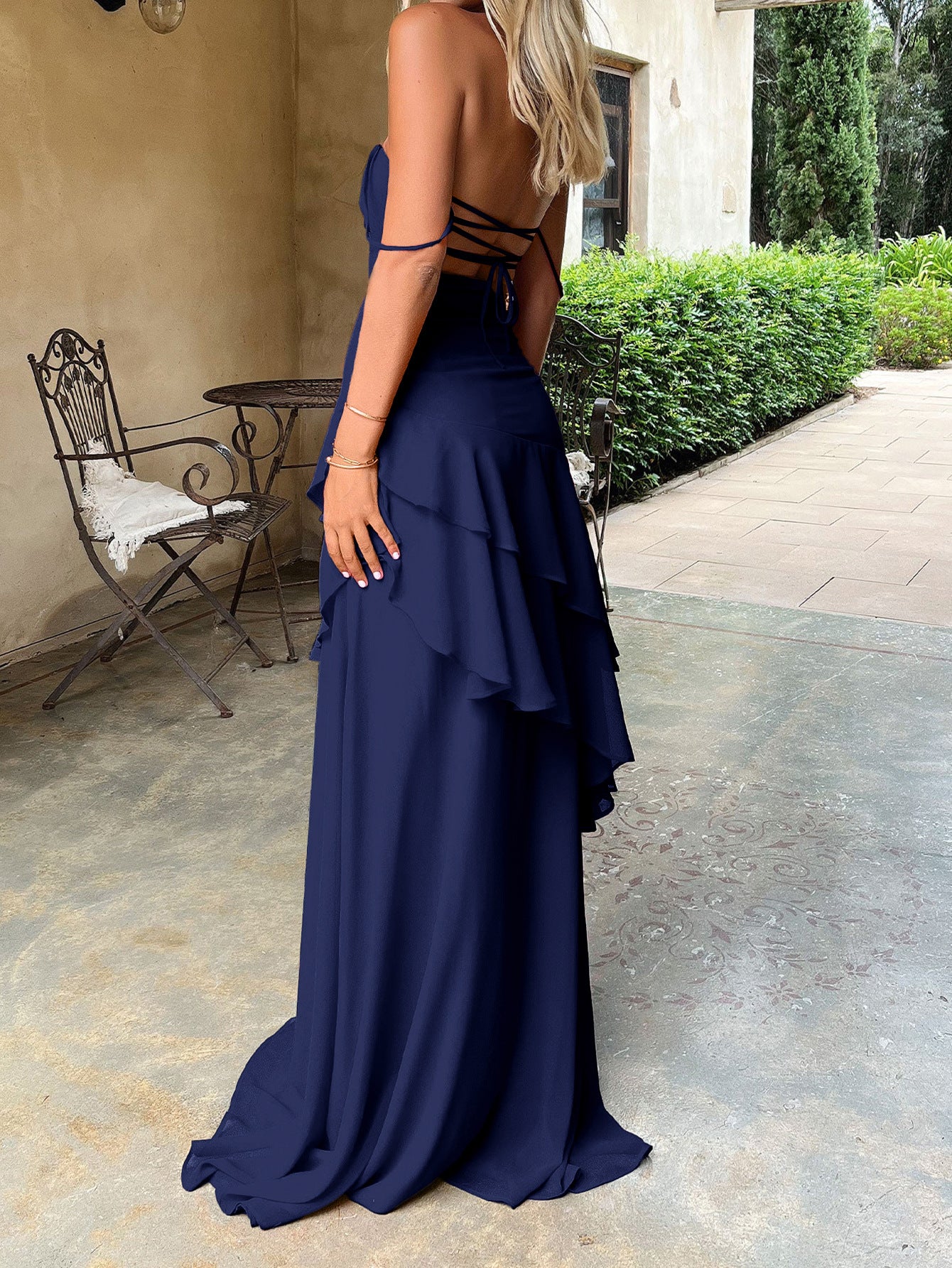 Spaghetti Straps Sweetheart Dark Navy Wedding Guest Dress with Ruffles Side