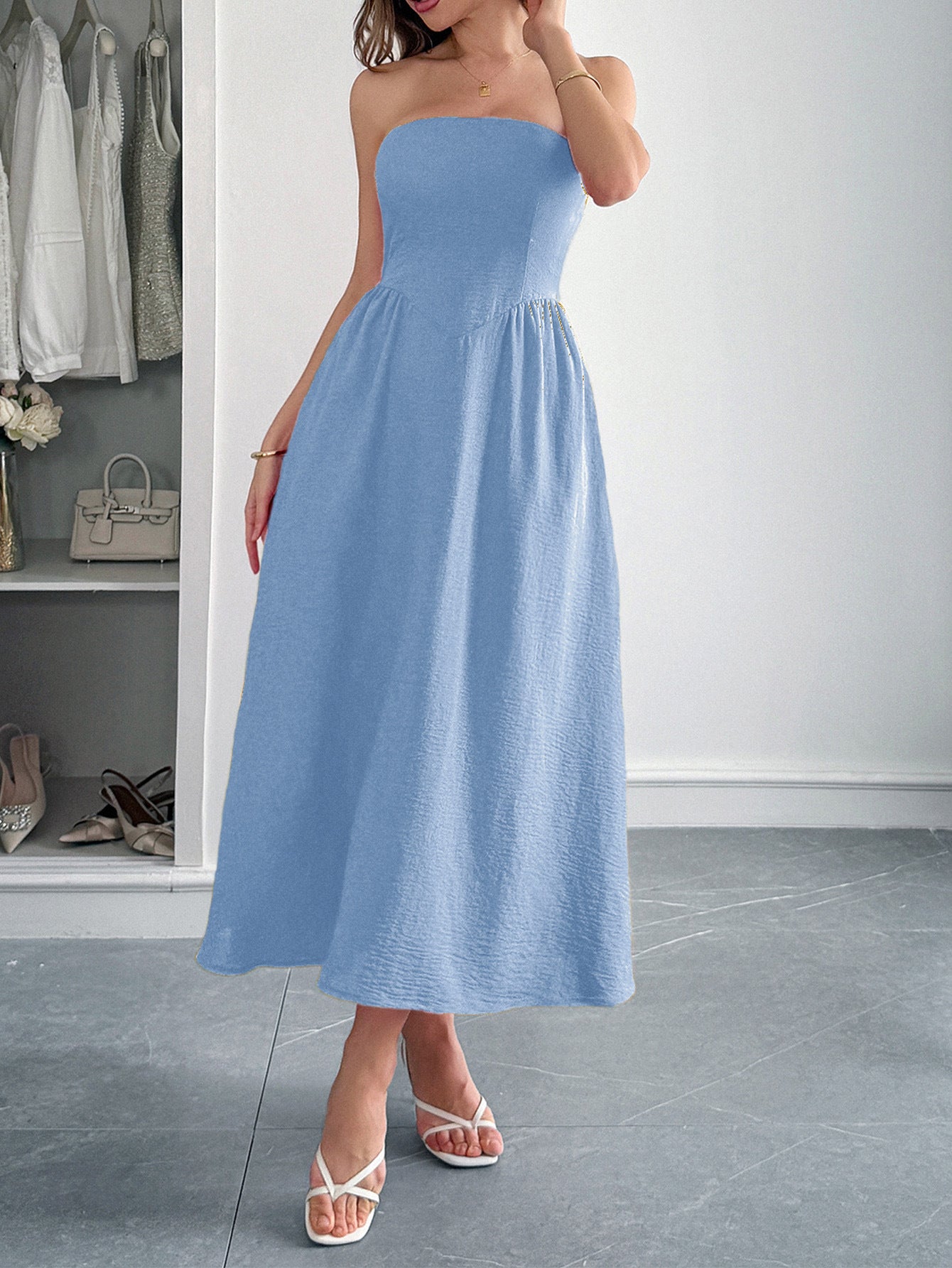 Elegant Solid Color Blue A-Line Wedding Guest Dress, Blue / M Elegant Solid Color Blue A-Line Wedding Guest Dress, Blue / M