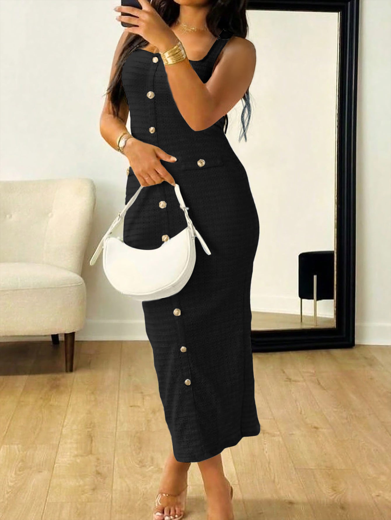 Elegant Knitted Button Black Bodycon Dress with Square Neckline Wedding Guest Dress, Black / L Elegant Knitted Button Black Bodycon Dress with Square Neckline Wedding Guest Dress, Black / L