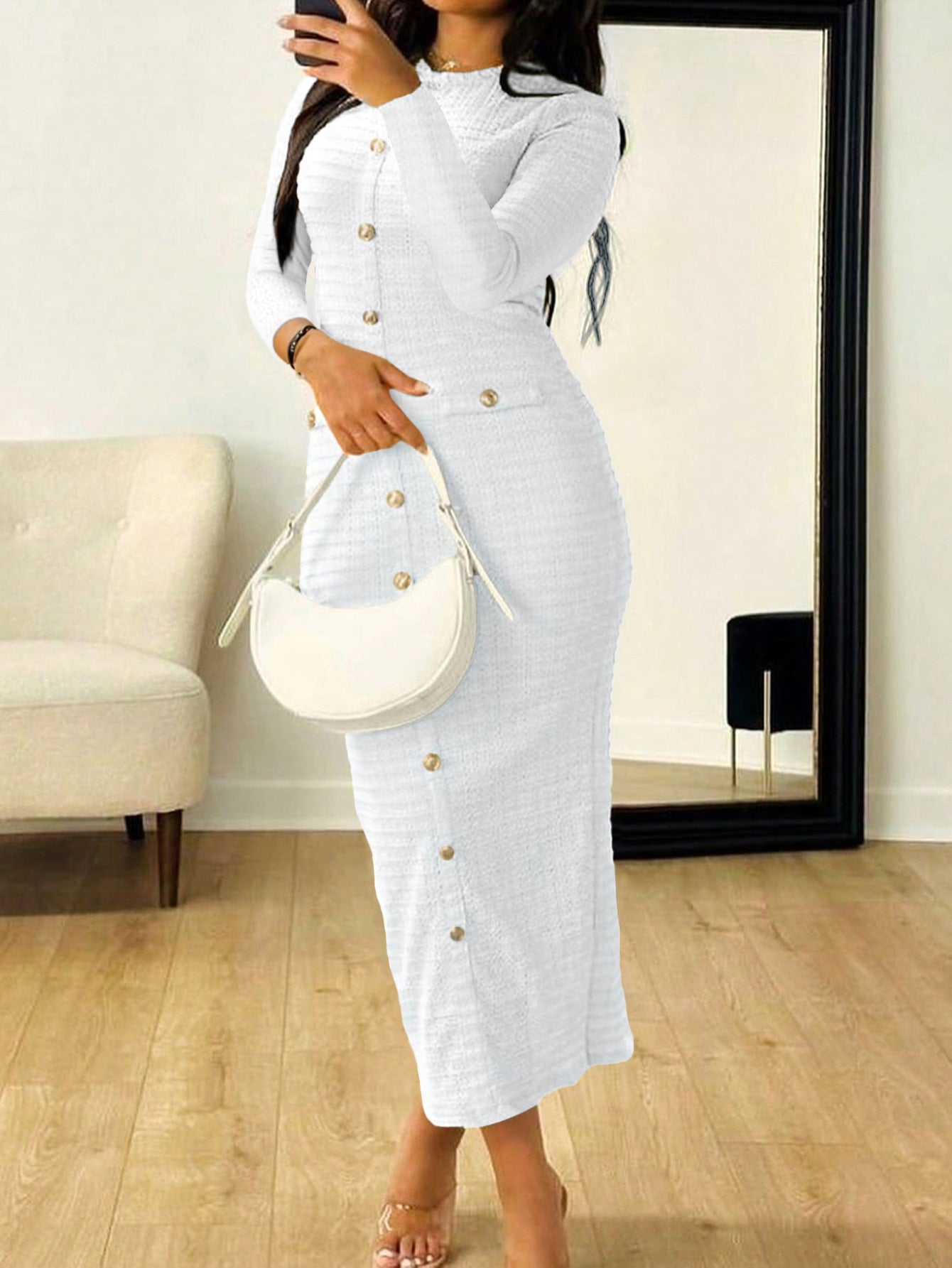 Elegant Jewel Knitted Button White Bodycon Dress Long Sleeves Wedding Guest Dress, White / XL Elegant Jewel Knitted Button White Bodycon Dress Long Sleeves Wedding Guest Dress, White / XL