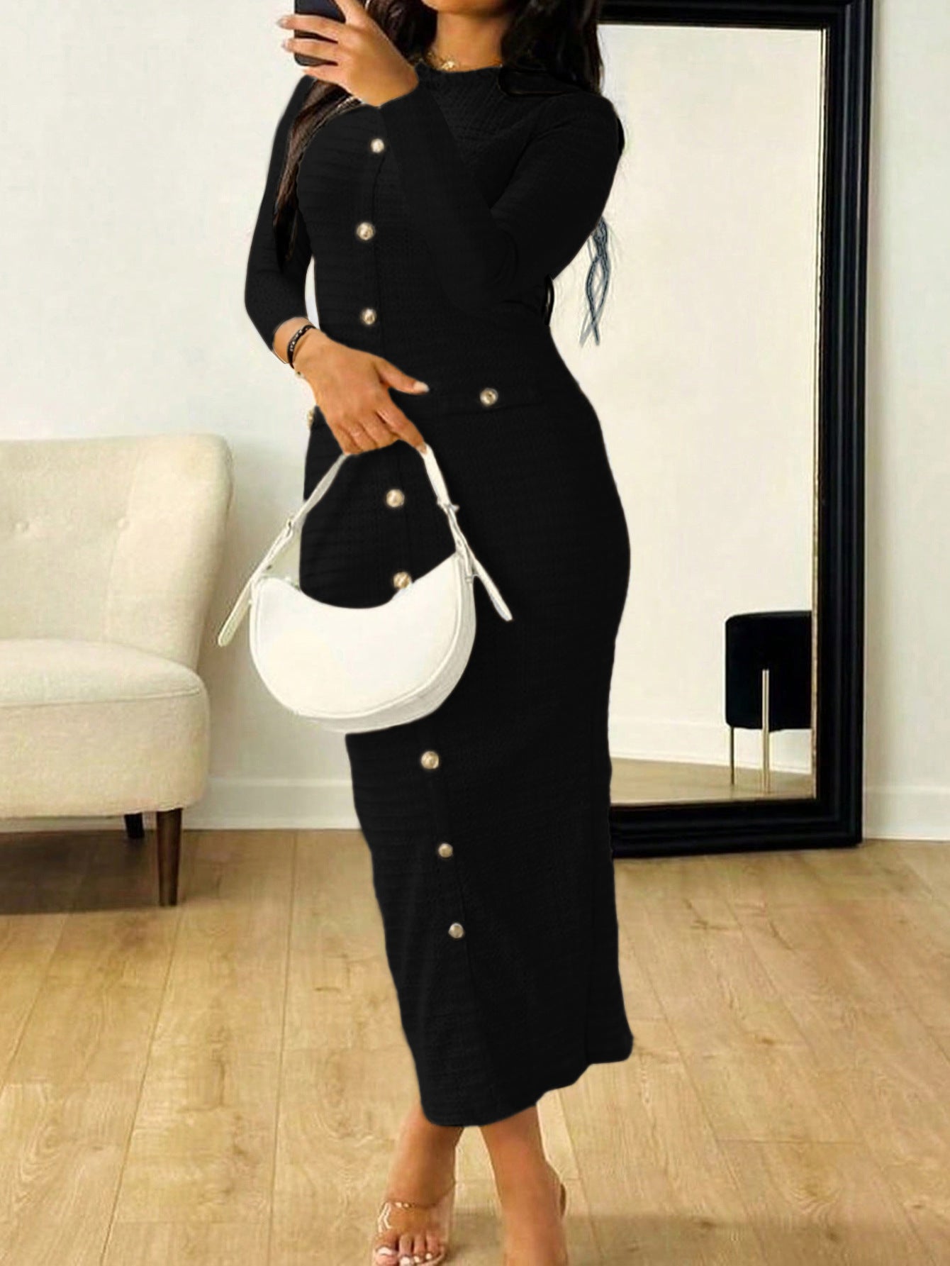Elegant Jewel Knitted Button Black Bodycon Dress Long Sleeves Wedding Guest Dress, Black / XL Elegant Jewel Knitted Button Black Bodycon Dress Long Sleeves Wedding Guest Dress, Black / XL