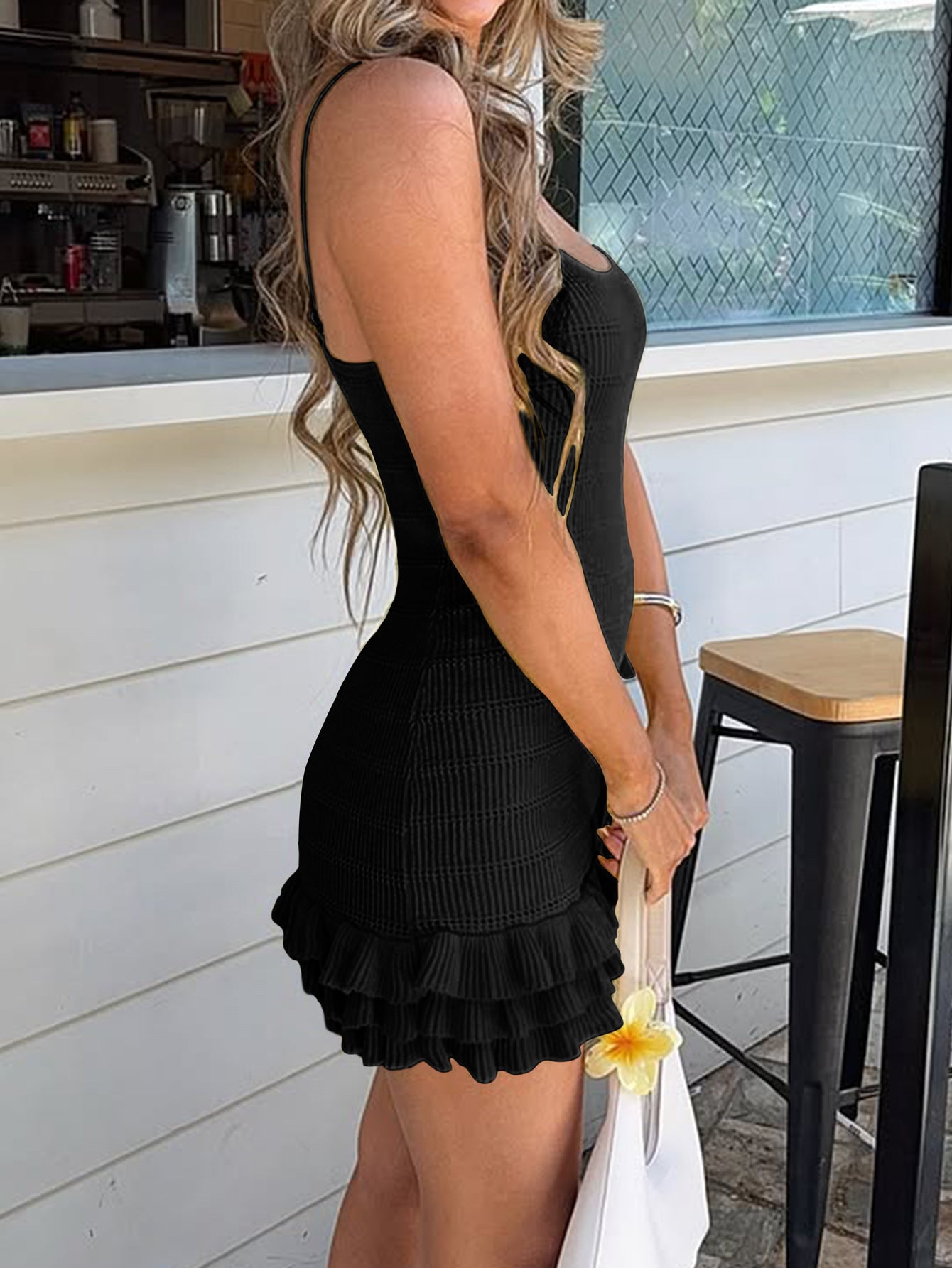Spaghetti Straps Knitted Dress Black Sleeveless Wedding Guest Dress with Ruffles Side