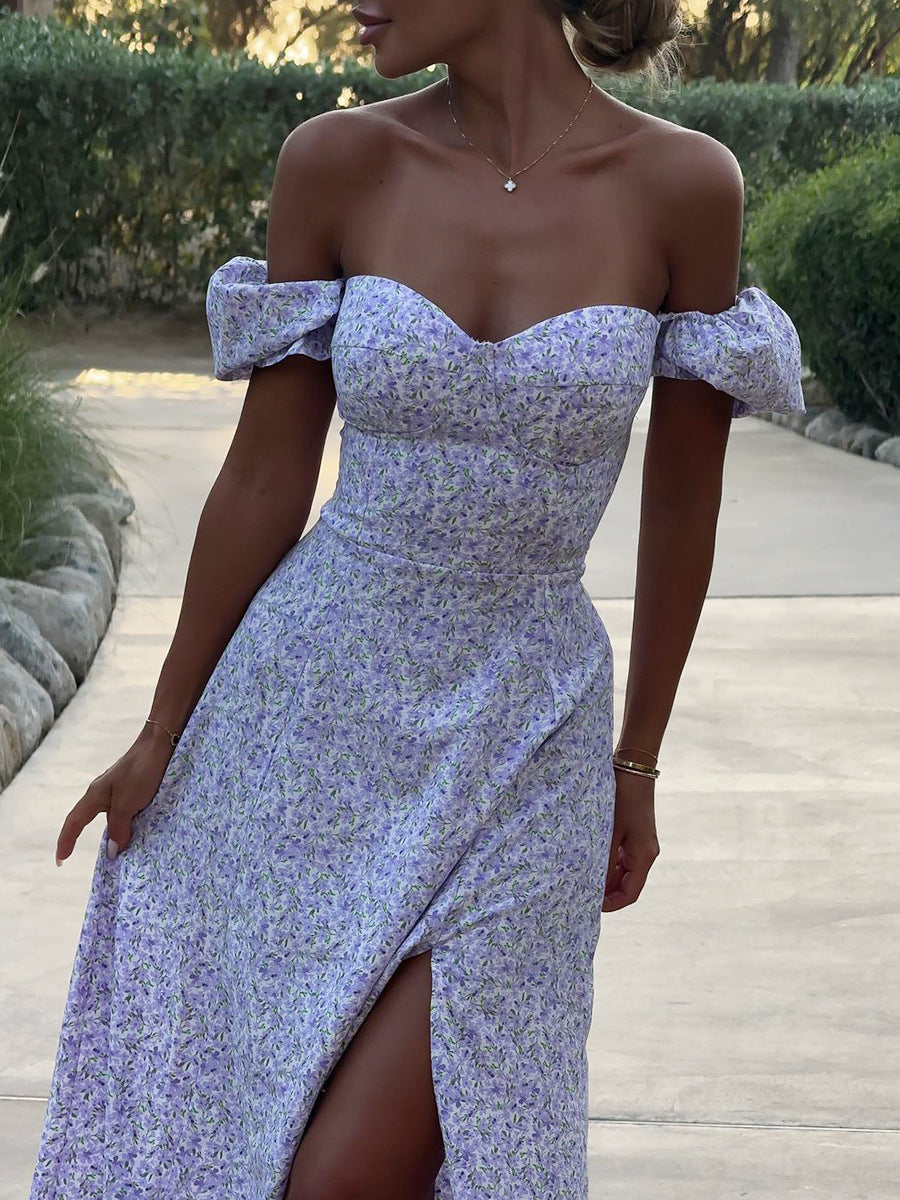 Lavender Off the Shoulder Floral Sheath Wedding Guest Dresses with Split, Lavender / S Lavender Off the Shoulder Floral Sheath Wedding Guest Dresses with Split, Lavender / S