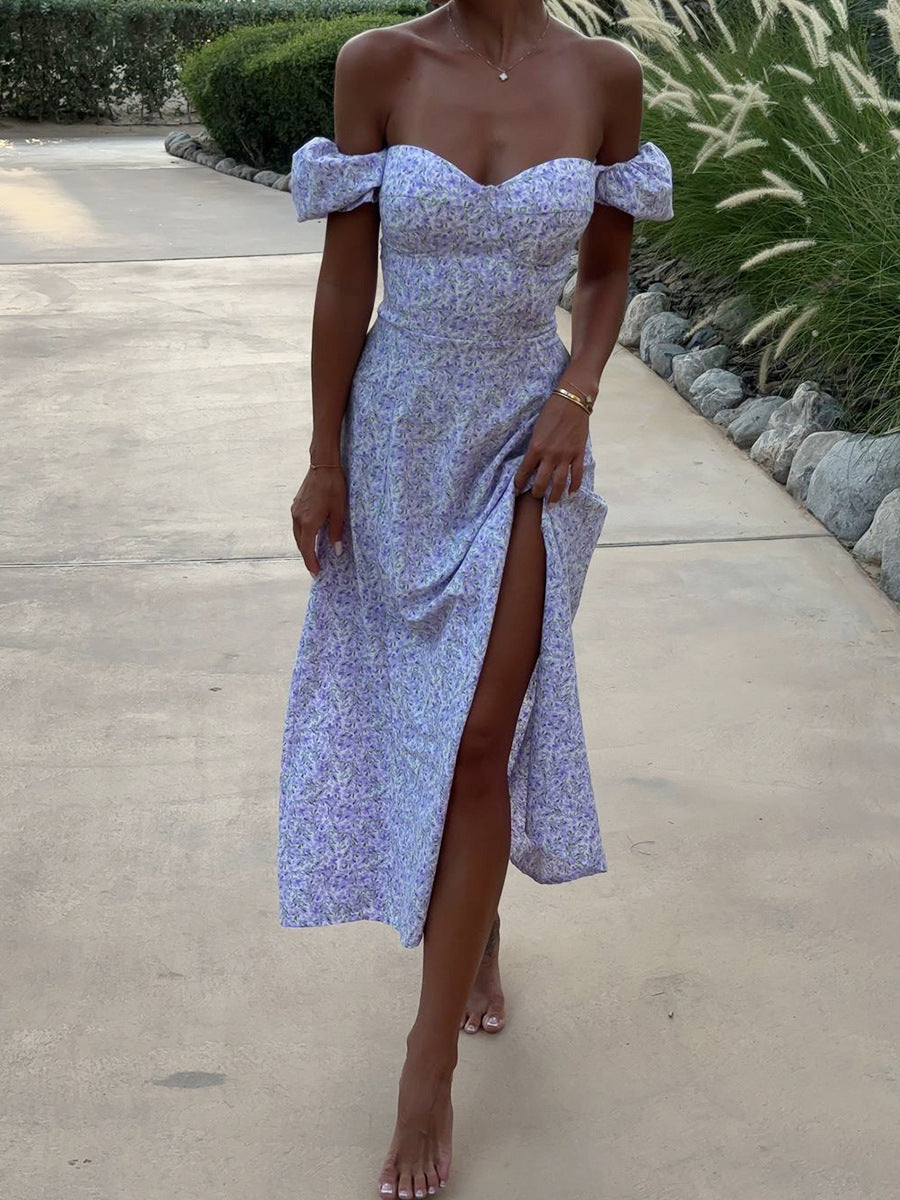 Lavender One Shoulder Floral Sheath Wedding Guest Dresses with Split
