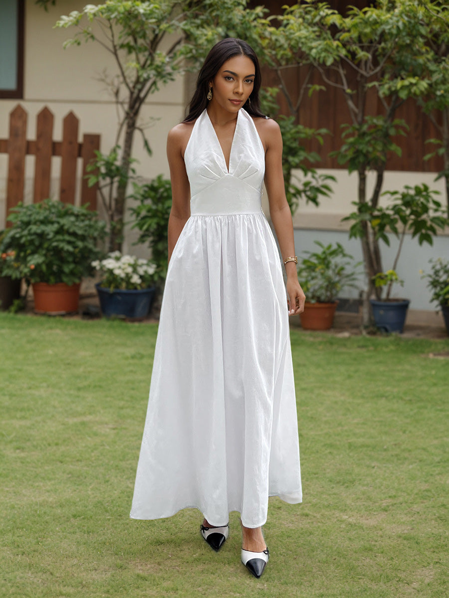 Halter A-Line Ankle Length White Wedding Guest Dresses