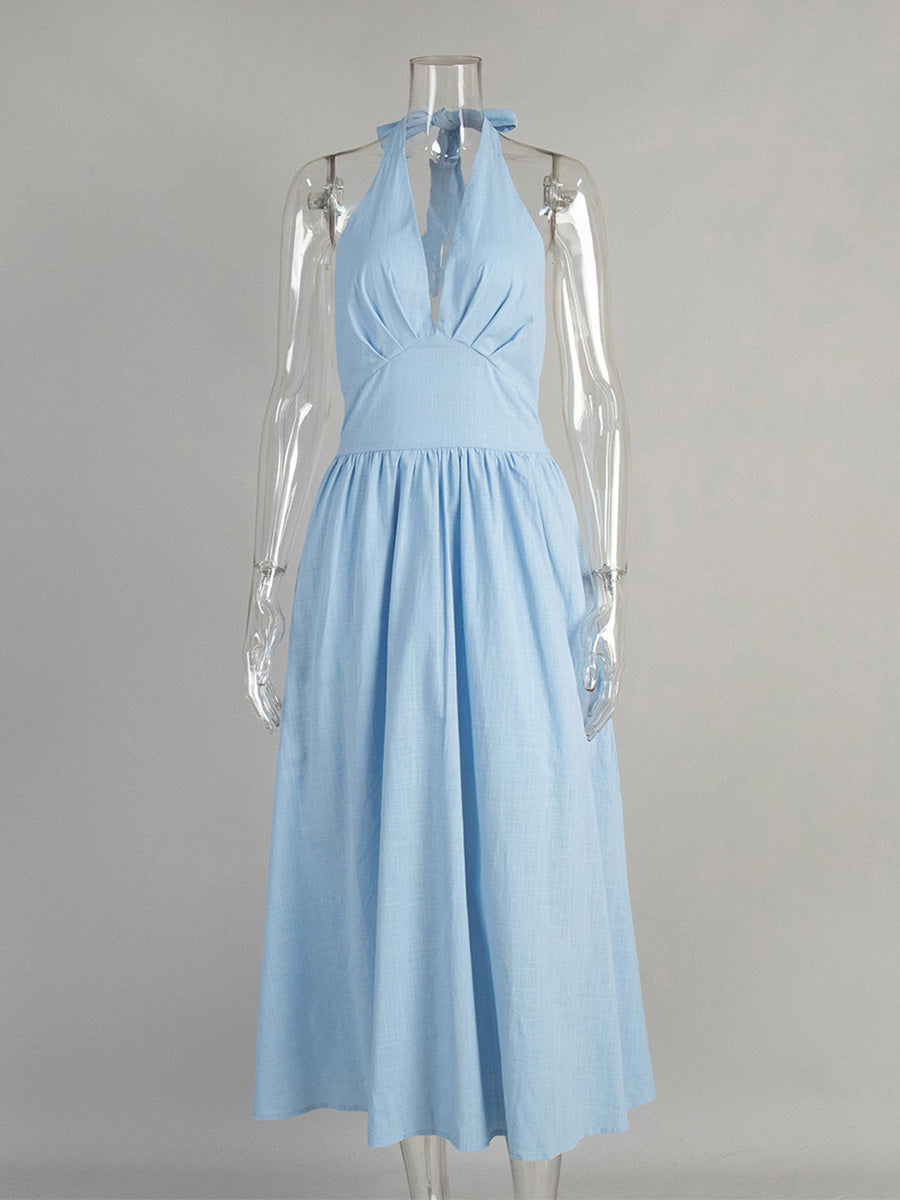 Halter A-Line Ankle Length Sky Blue Wedding Guest Dresses