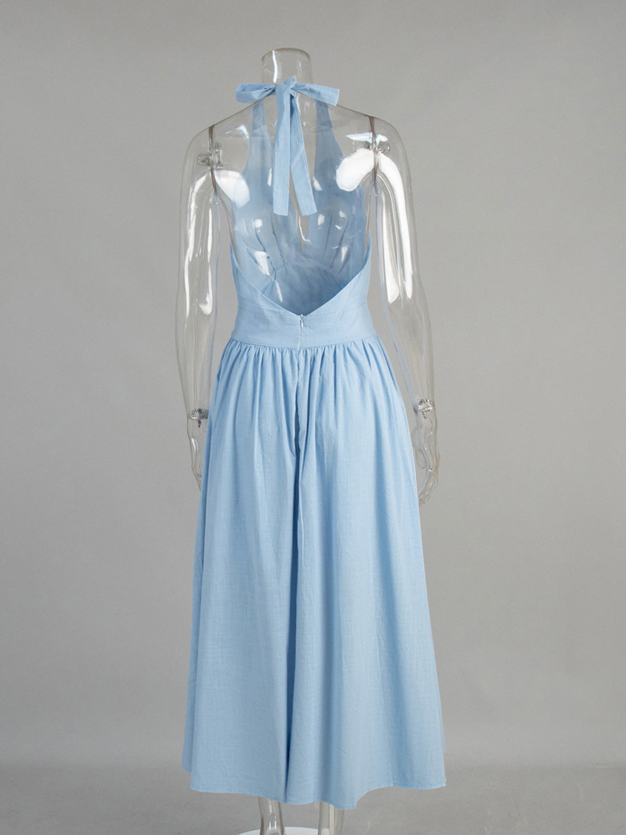 Halter A-Line Ankle Length Sky Blue Wedding Guest Dresses