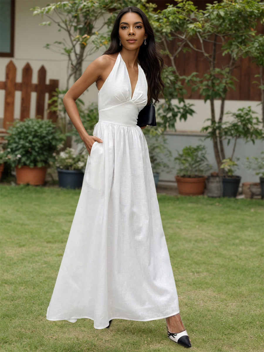 white ankle length dress Halter A-Line Ankle Length White Wedding Guest Dresses, White / L