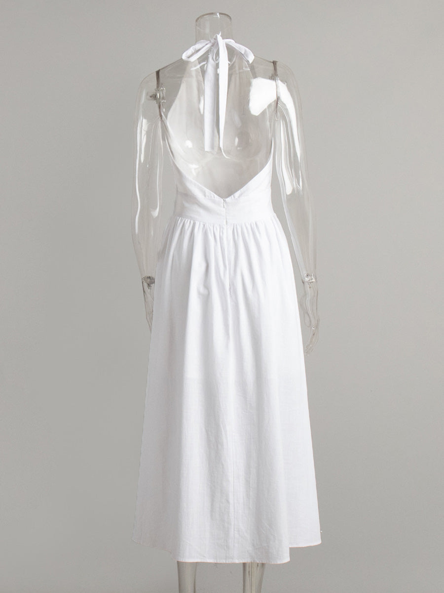 Halter A-Line Ankle Length White Wedding Guest Dresses