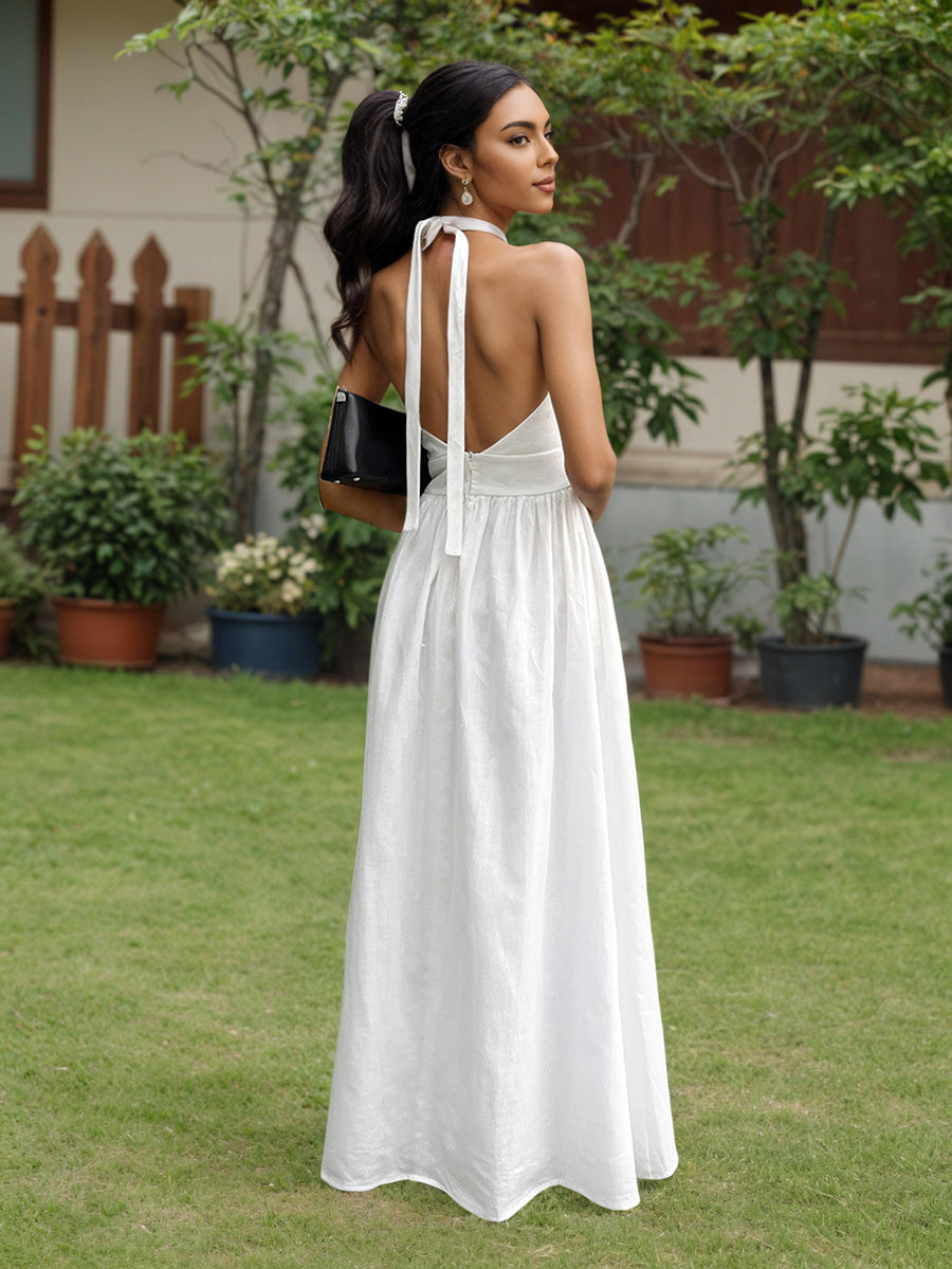 Halter A-Line Ankle Length White Wedding Guest Dresses
