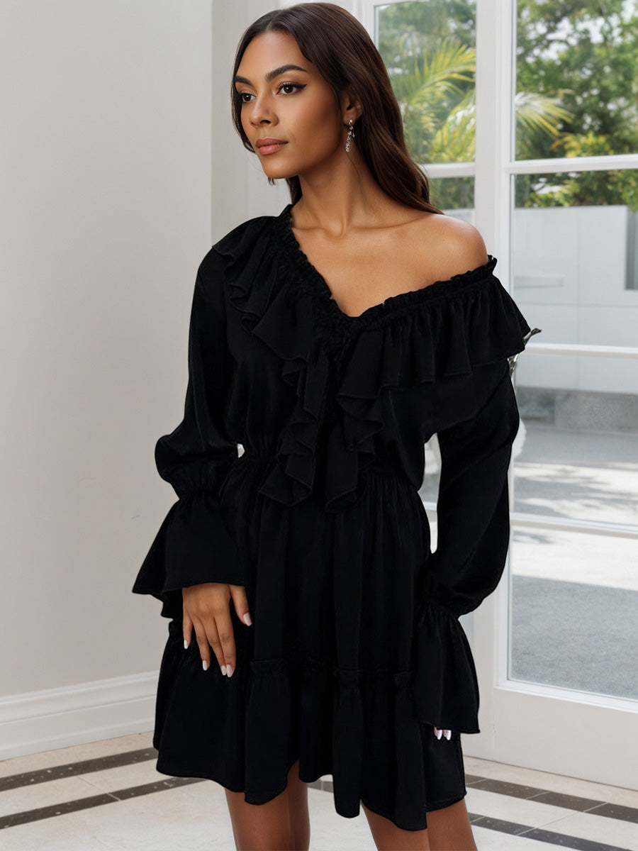 Black V Neck A-Line Trumpet Sleeve Wedding Guest Dresses