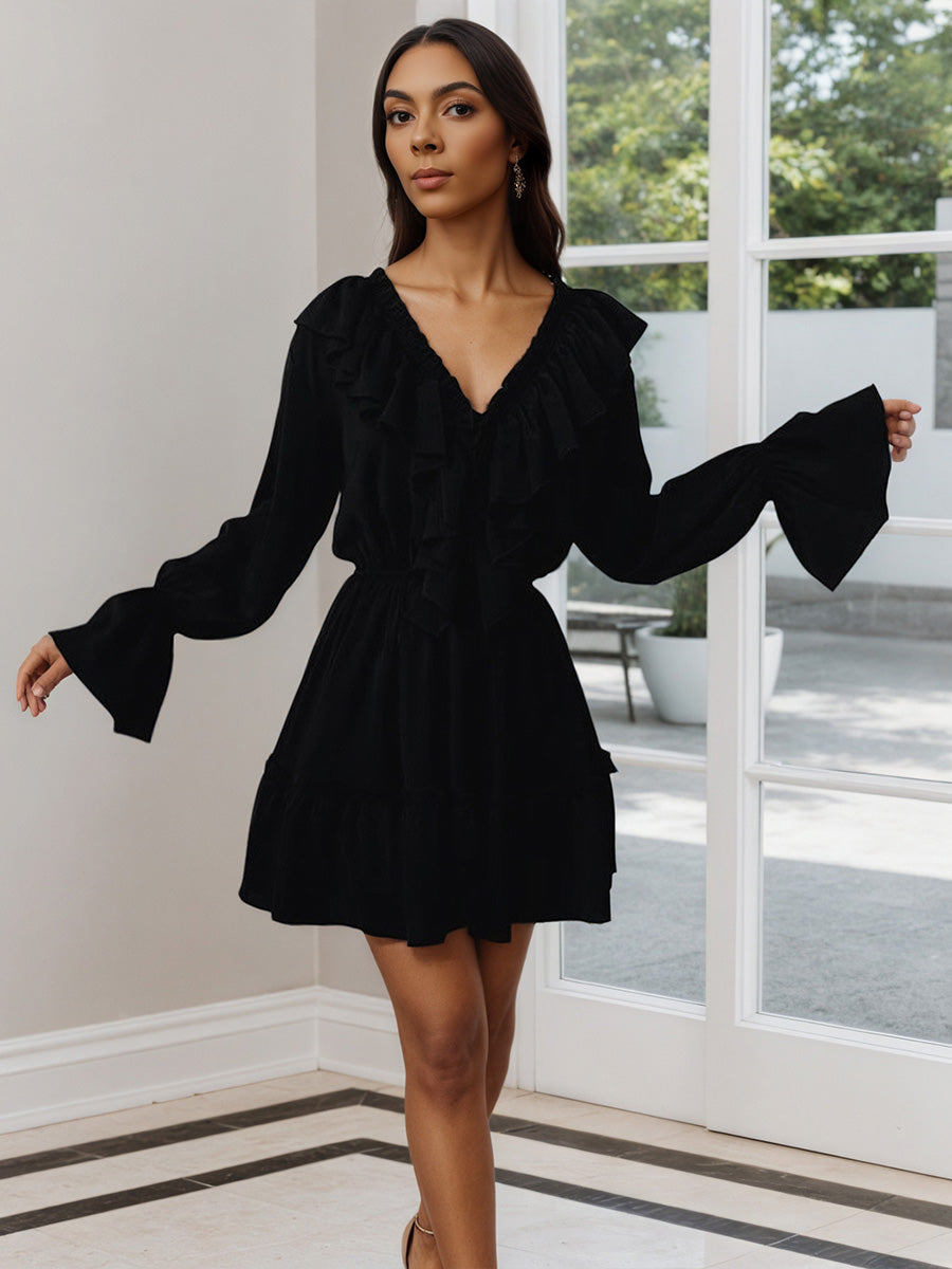 Black V Neck A-Line Trumpet Sleeve Wedding Guest Dresses