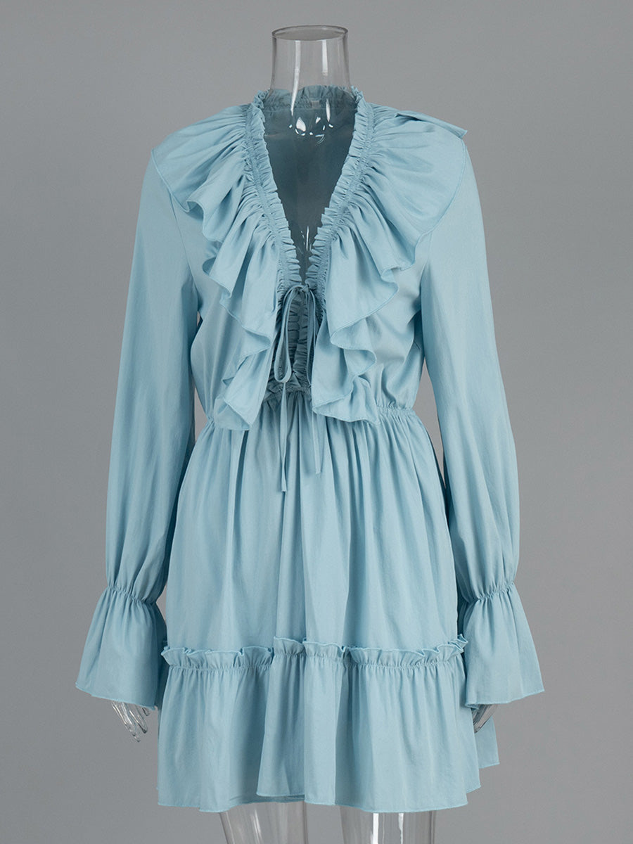 Blue V Neck A-Line Trumpet Sleeve Wedding Guest Dresses