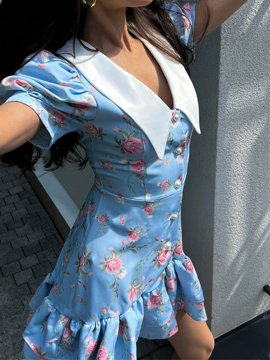 V-Neck Bubble Sleeve Dress Printed Floral Blue Wedding Guest Dresses