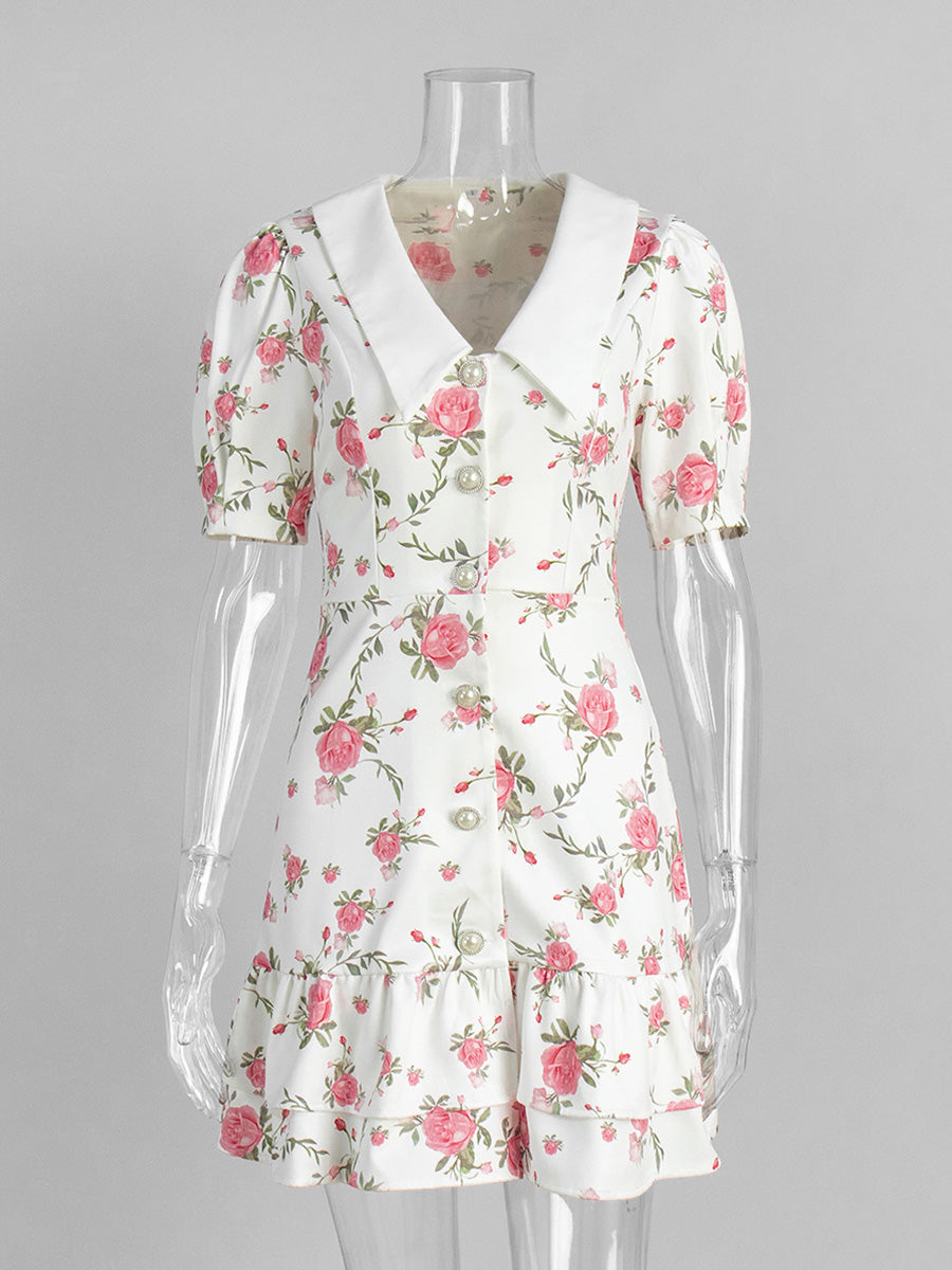 V-Neck Bubble Sleeve Dress Printed Floral Ivory Wedding Guest Dresses