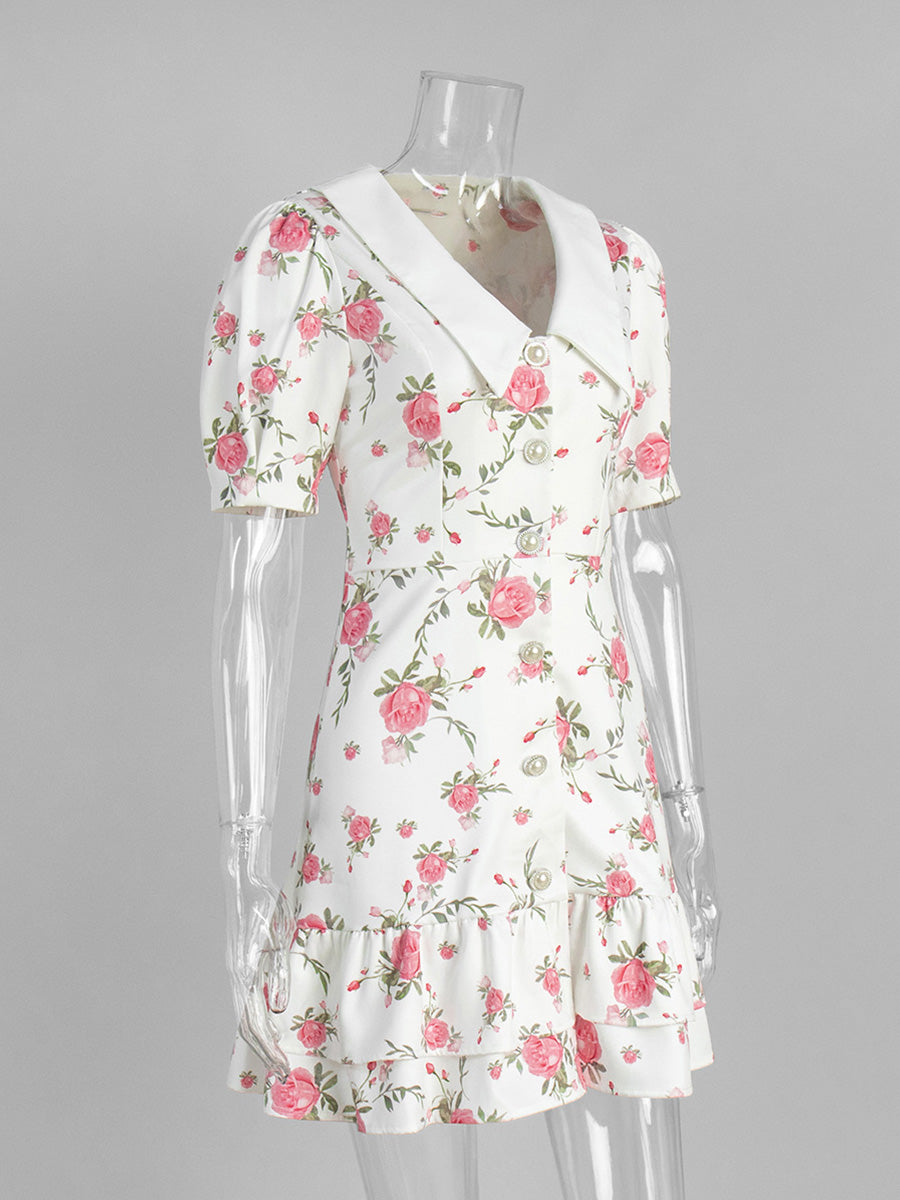 V-Neck Bubble Sleeve Dress Printed Floral Ivory Wedding Guest Dresses