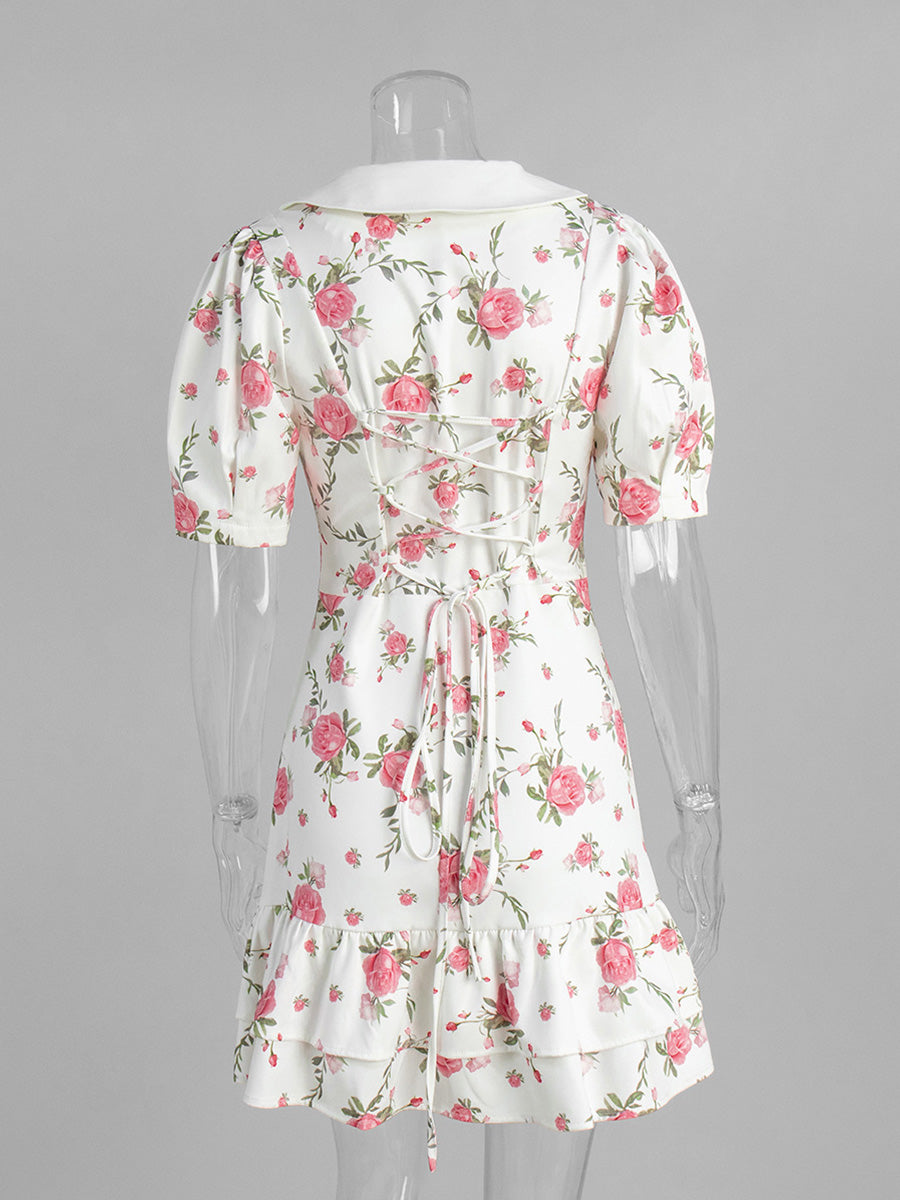 V-Neck Bubble Sleeve Dress Printed Floral Ivory Wedding Guest Dresses
