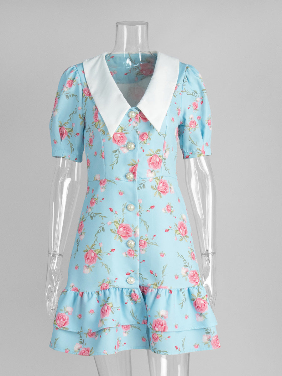 V-Neck Bubble Sleeve Dress Printed Floral Blue Wedding Guest Dresses