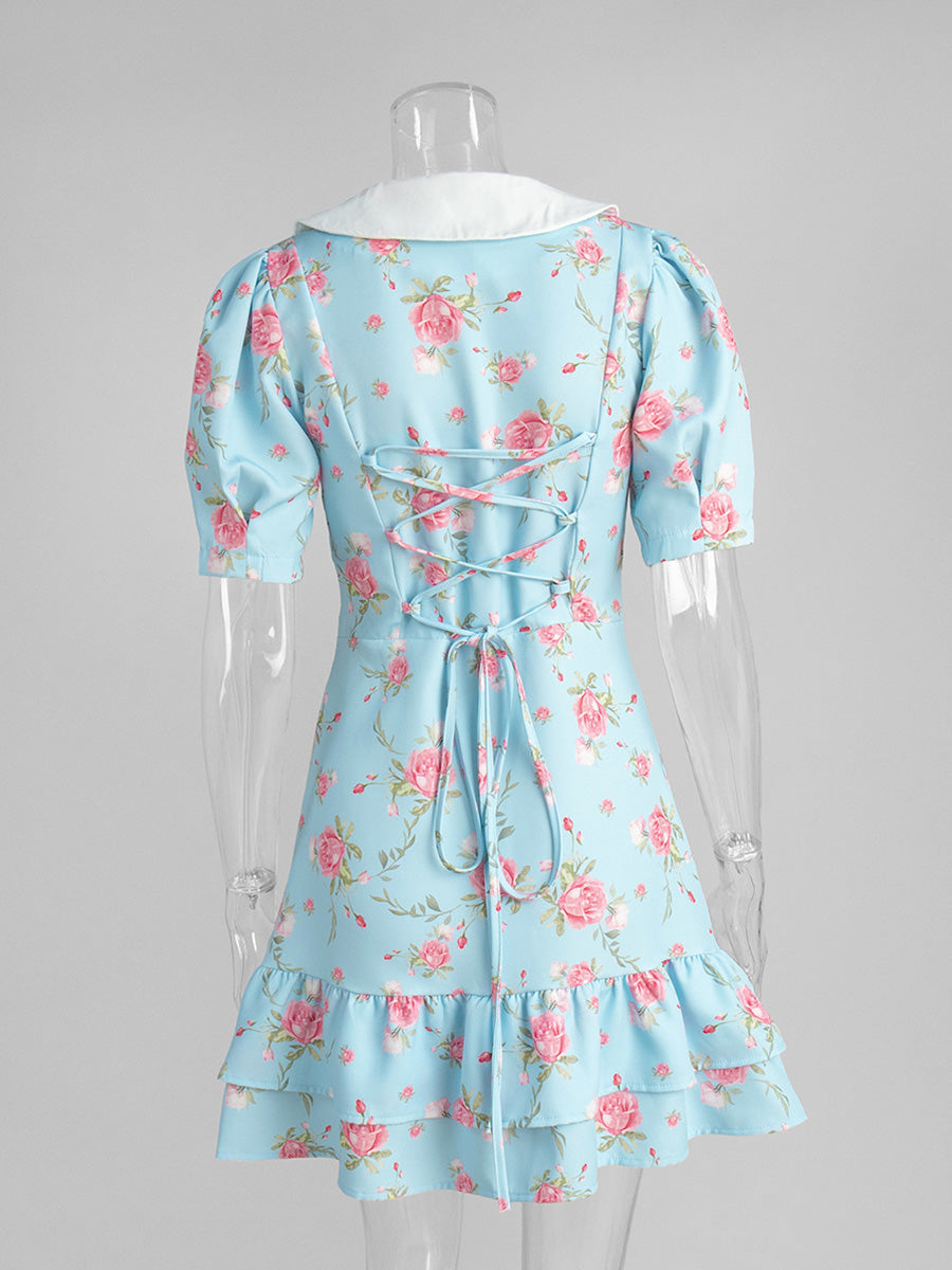 V-Neck Bubble Sleeve Dress Printed Floral Blue Wedding Guest Dresses