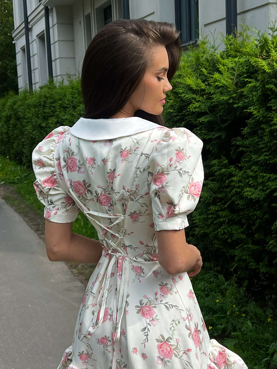 V-Neck Bubble Sleeve Dress Printed Floral Ivory Wedding Guest Dresses
