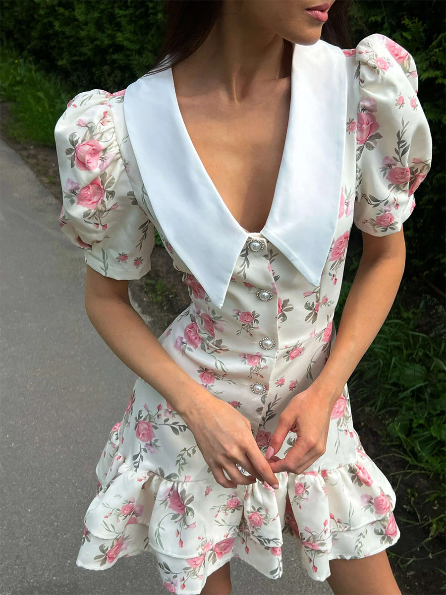 V-Neck Bubble Sleeve Dress Printed Floral Ivory Wedding Guest Dresses