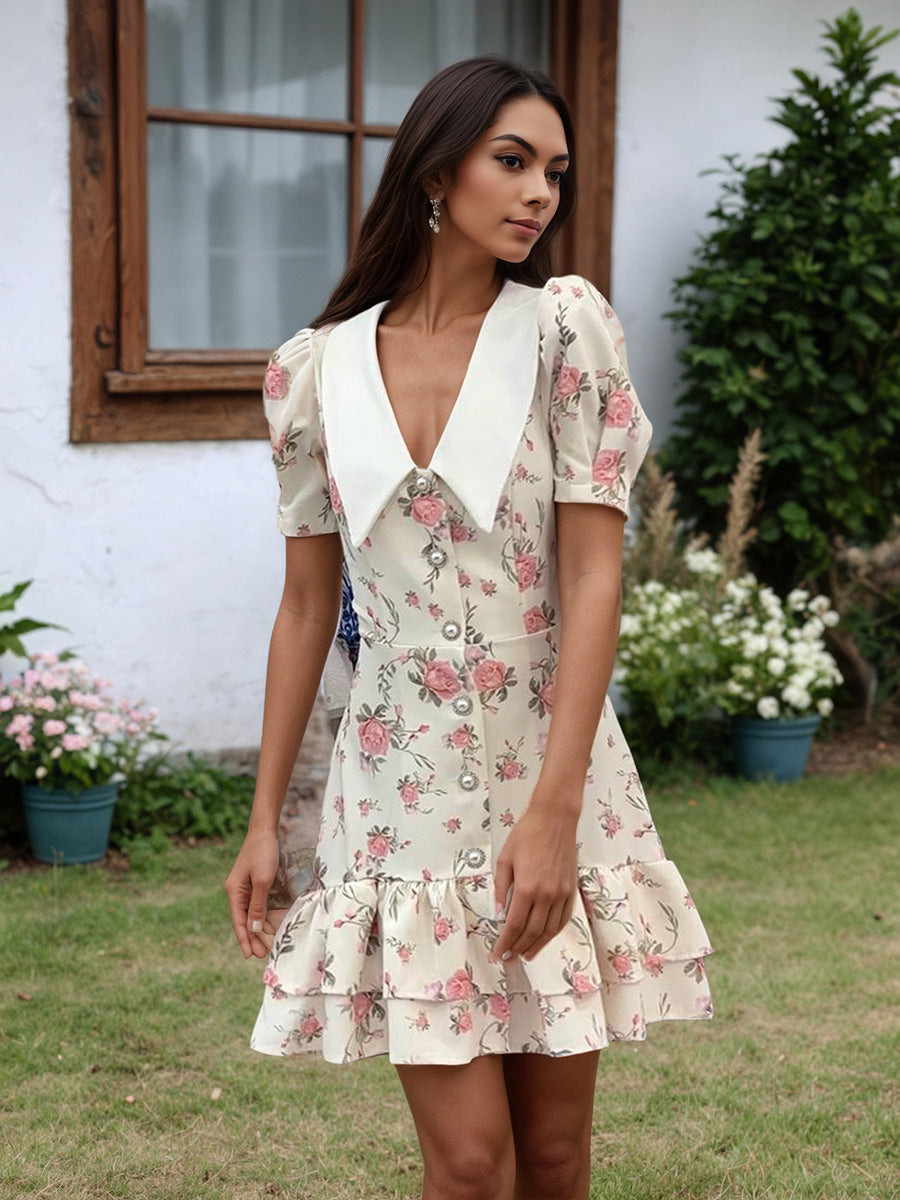 V-Neck Bubble Sleeve Dress Printed Floral Ivory Wedding Guest Dresses