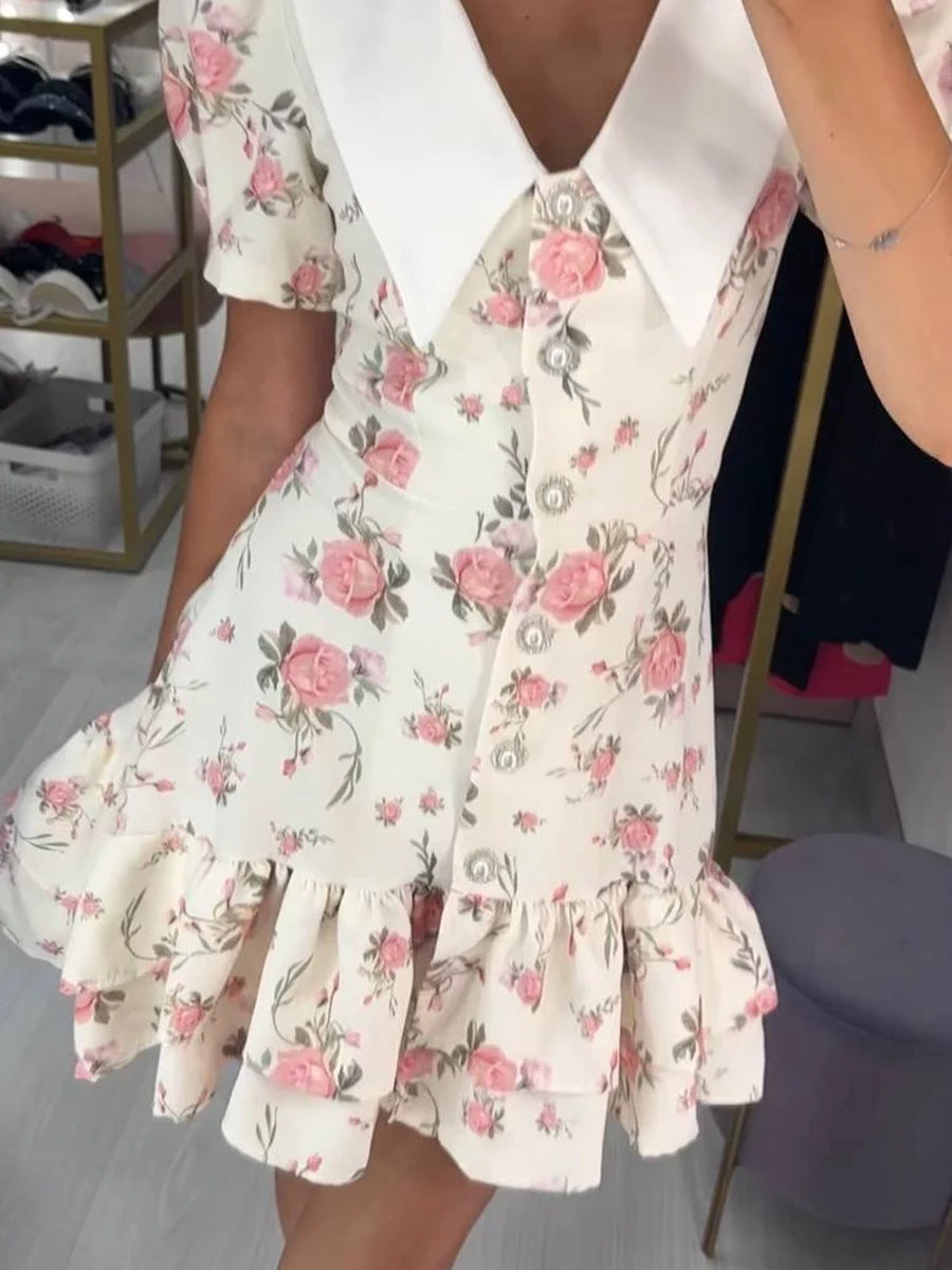 V-Neck Bubble Sleeve Dress Printed Floral Ivory Wedding Guest Dresses
