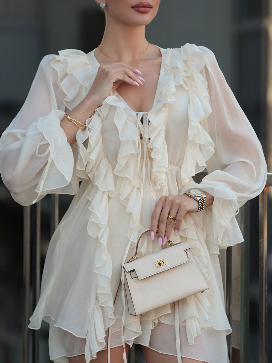 Lantern Sleeve V-Neck Tie Front Ivory Wedding Guest Dresses