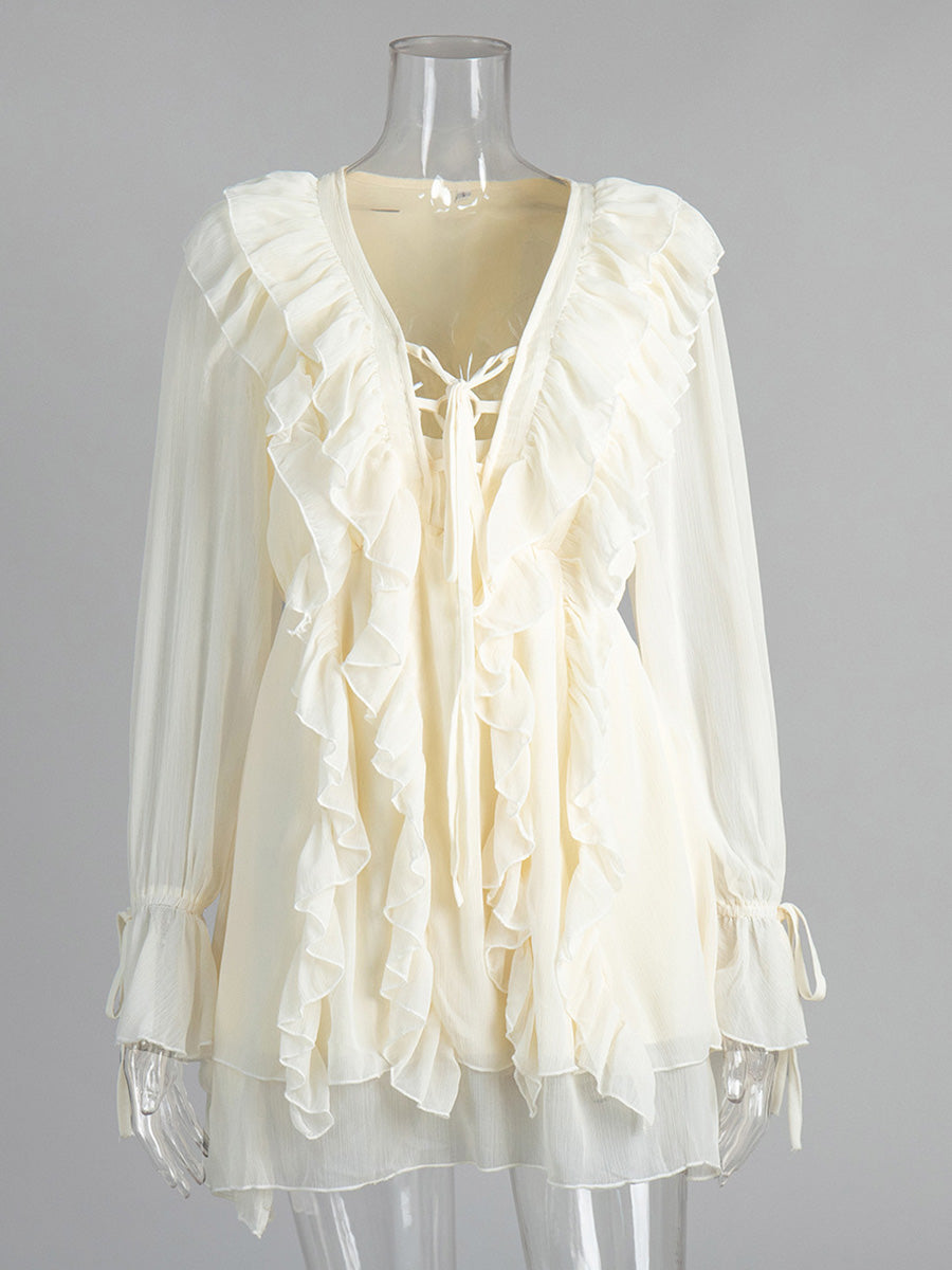 Lantern Sleeve V-Neck Tie Front Ivory Wedding Guest Dresses