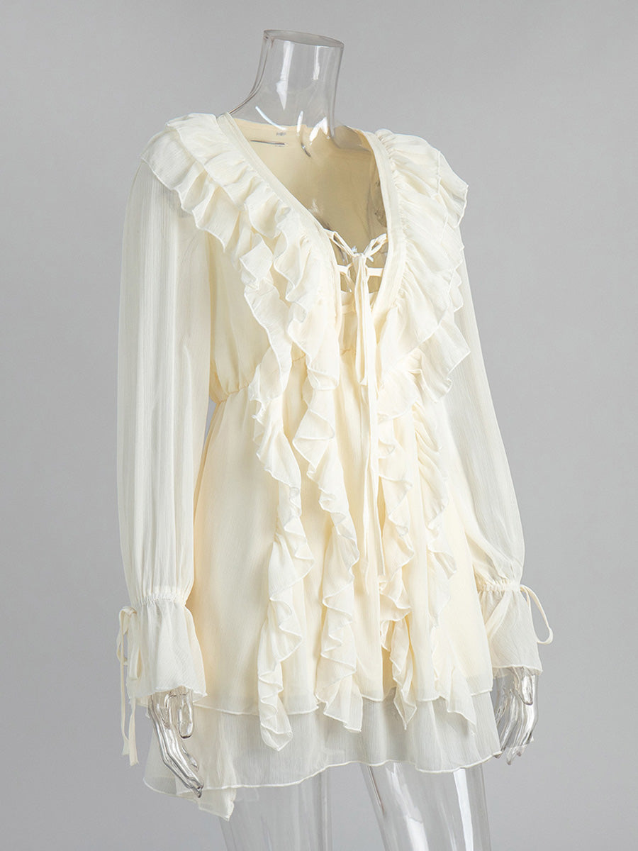 Lantern Sleeve V-Neck Tie Front Ivory Wedding Guest Dresses