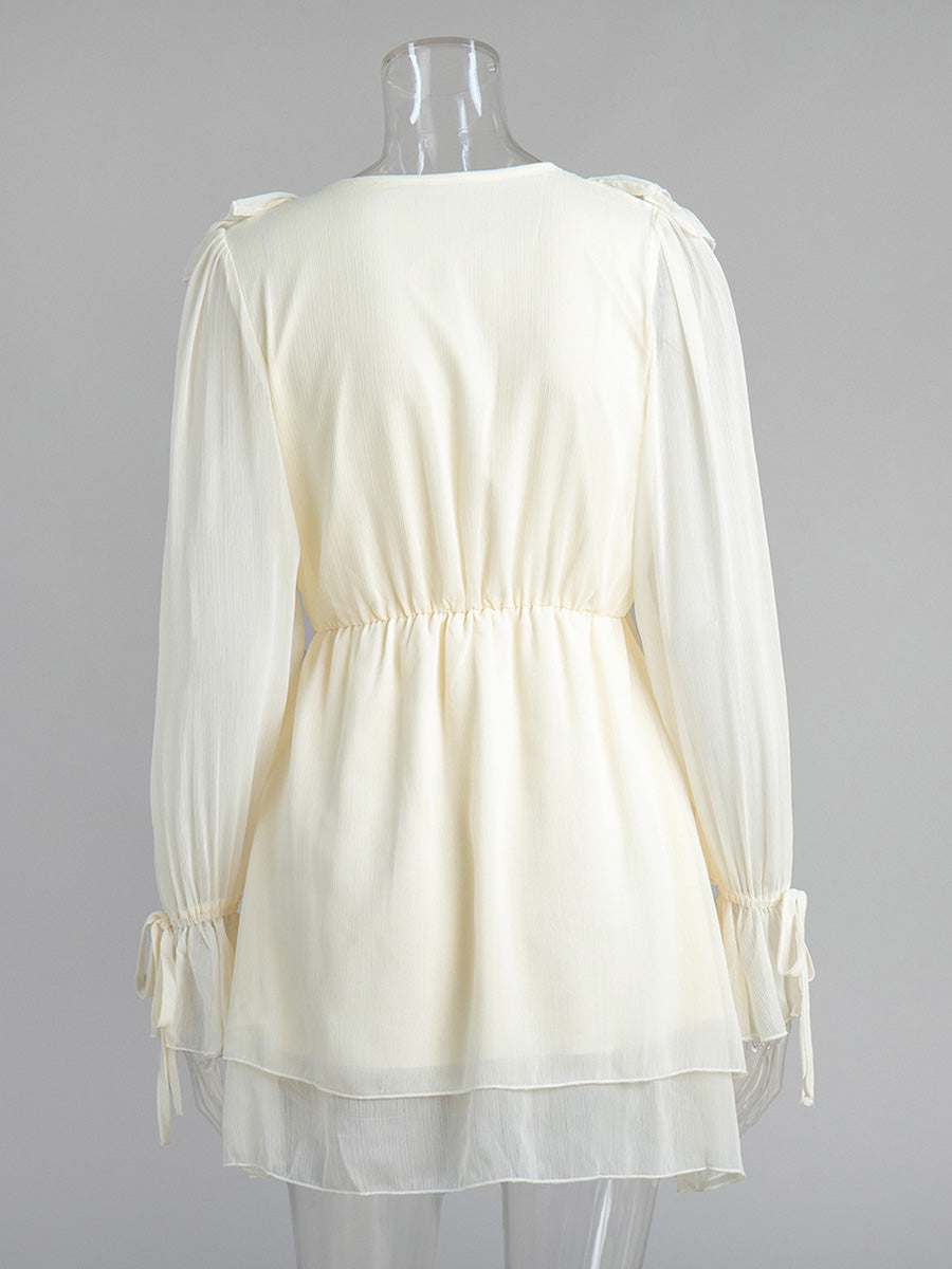 Lantern Sleeve V-Neck Tie Front Ivory Wedding Guest Dresses
