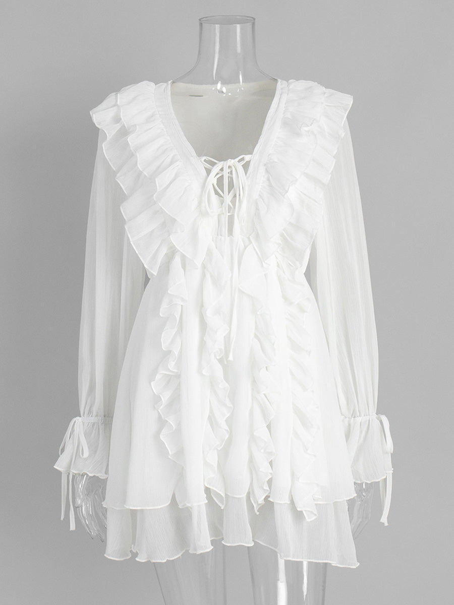 Lantern Sleeve V-Neck Tie Front White Wedding Guest Dresses