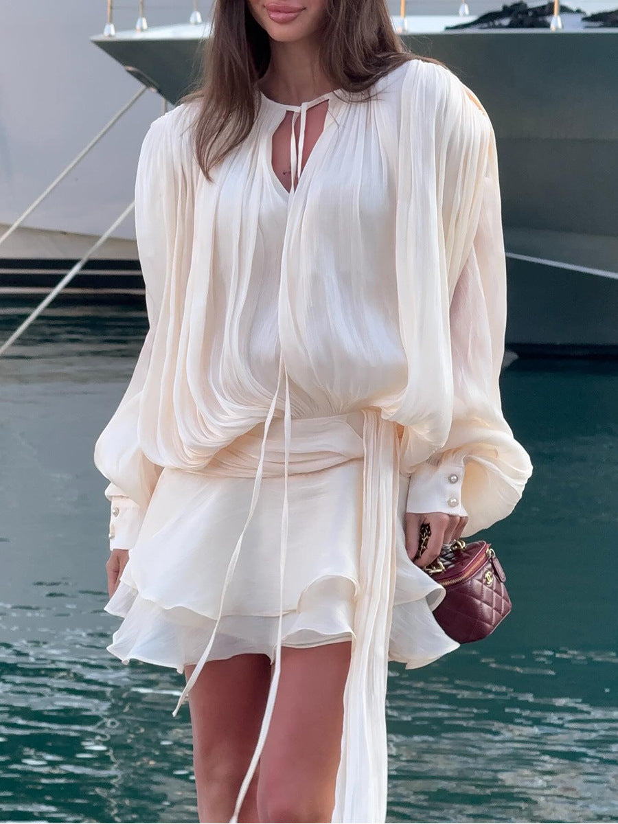 Apricot Lantern Sleeve Tie Ruffles Wedding Guest Dresses